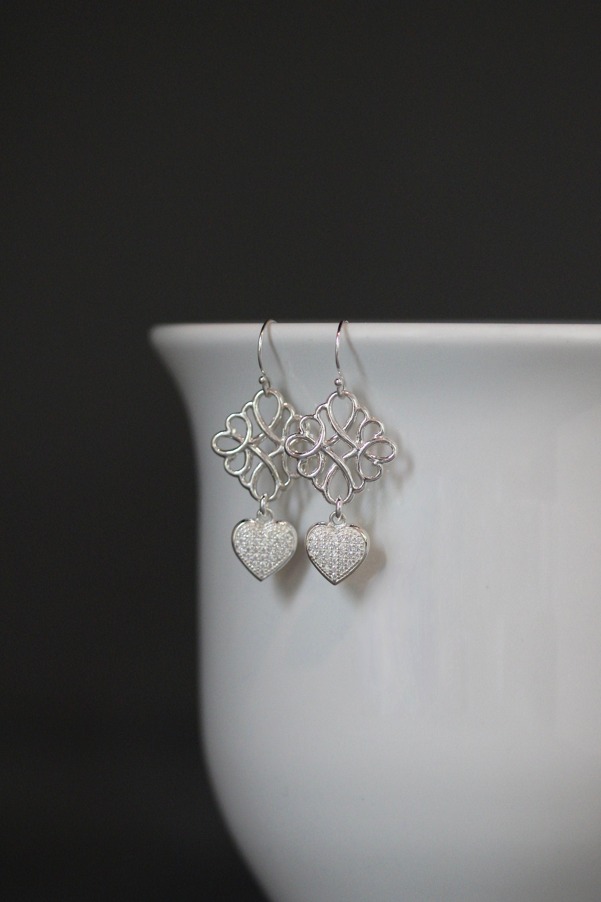 Cubic Zirconia Pave Heart and Sterling Silver Filigree Dangle Earrings