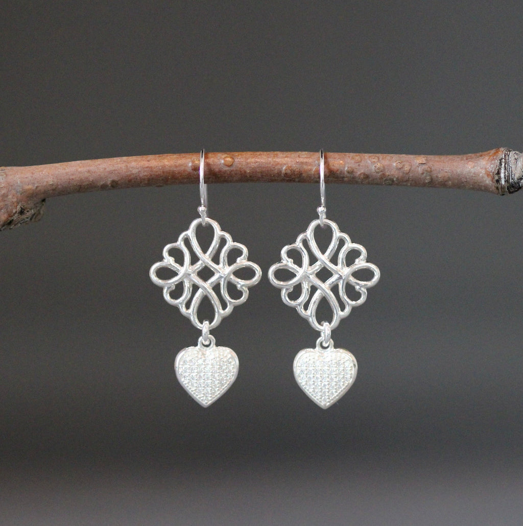 Cubic Zirconia Pave Heart and Sterling Silver Filigree Dangle Earrings