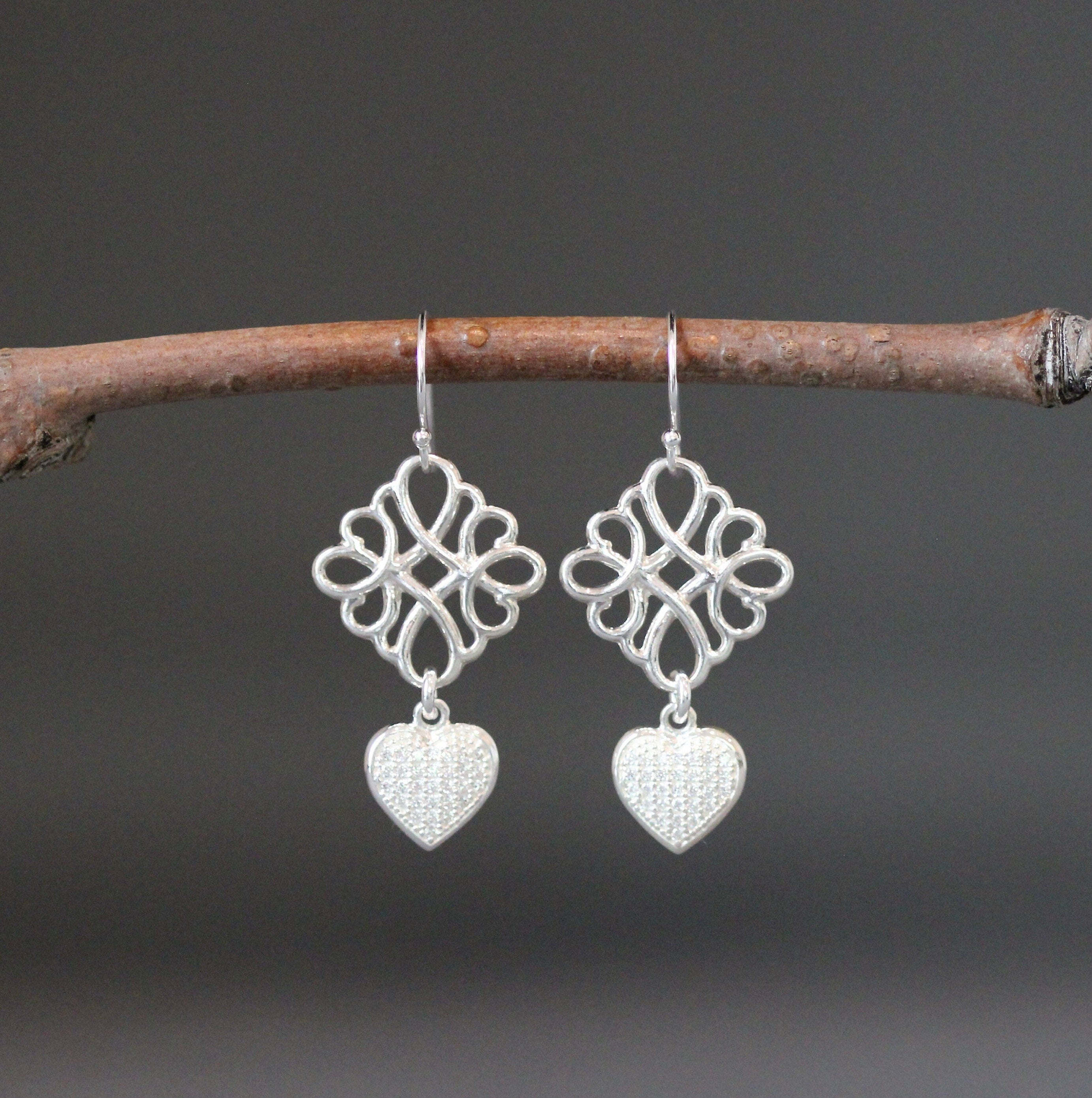 Cubic Zirconia Pave Heart and Sterling Silver Filigree Dangle Earrings