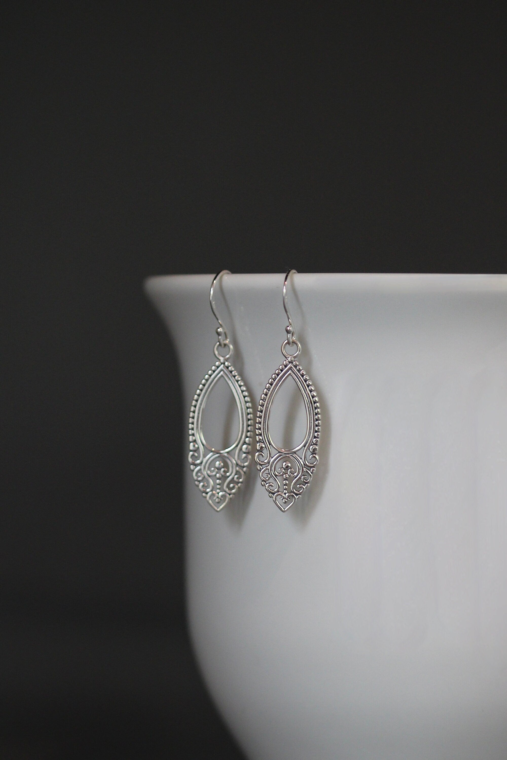 Long Bali Silver Filigree Charm Dangle Earrings