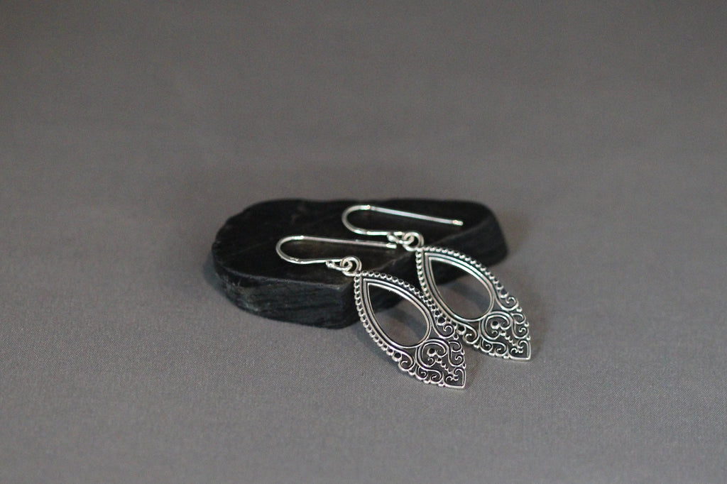 Long Bali Silver Filigree Charm Dangle Earrings