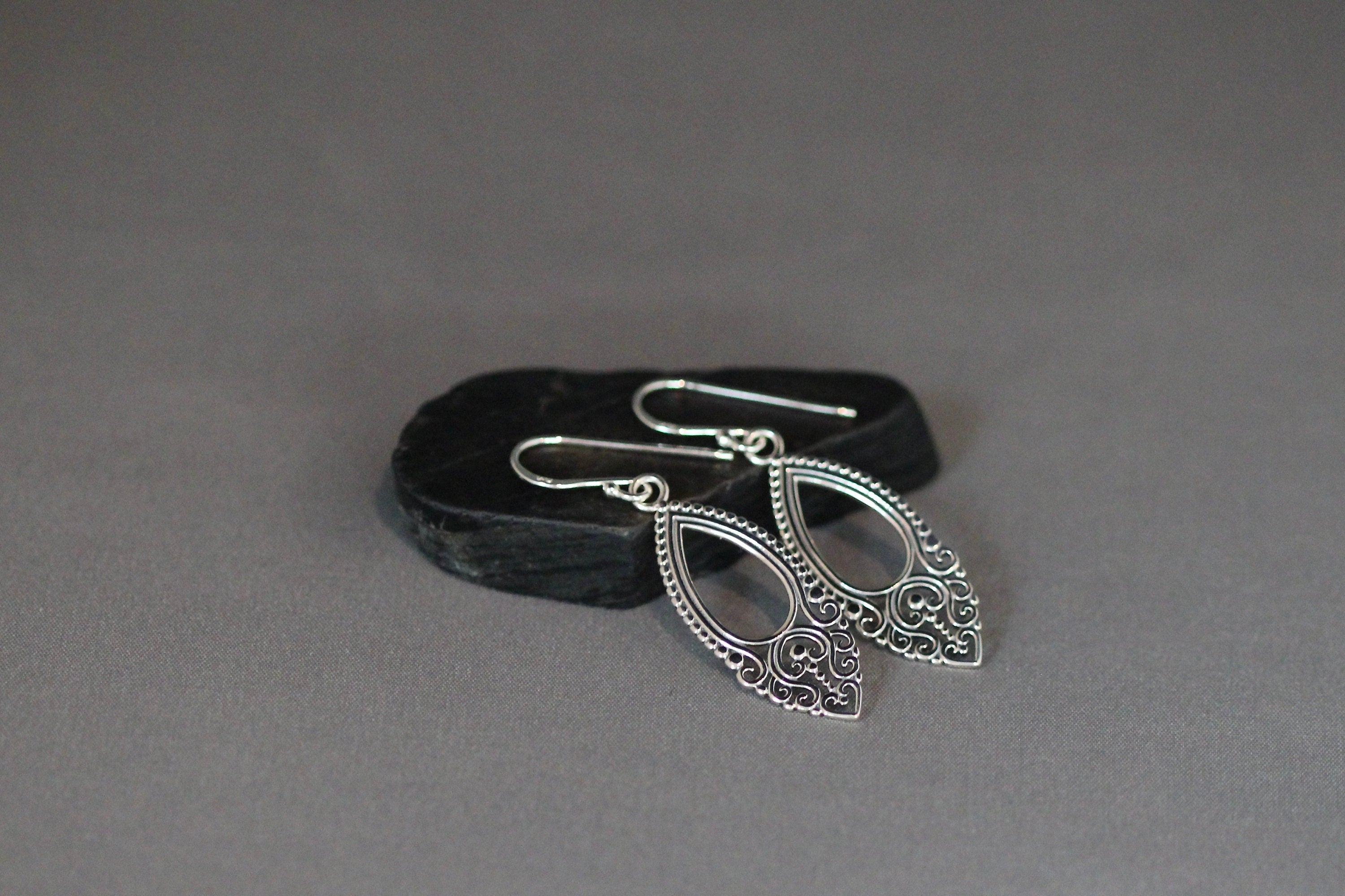 Long Bali Silver Filigree Charm Dangle Earrings