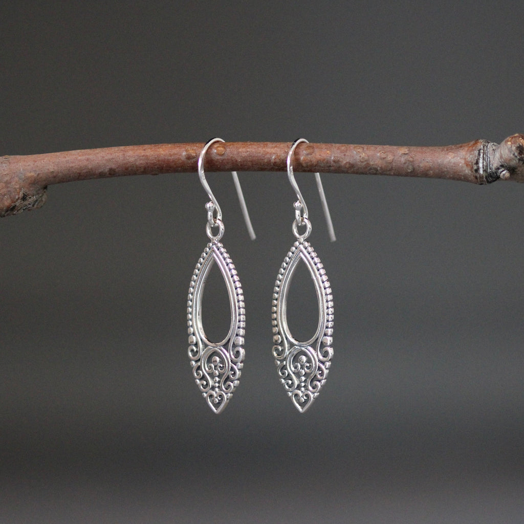 Long Bali Silver Filigree Charm Dangle Earrings