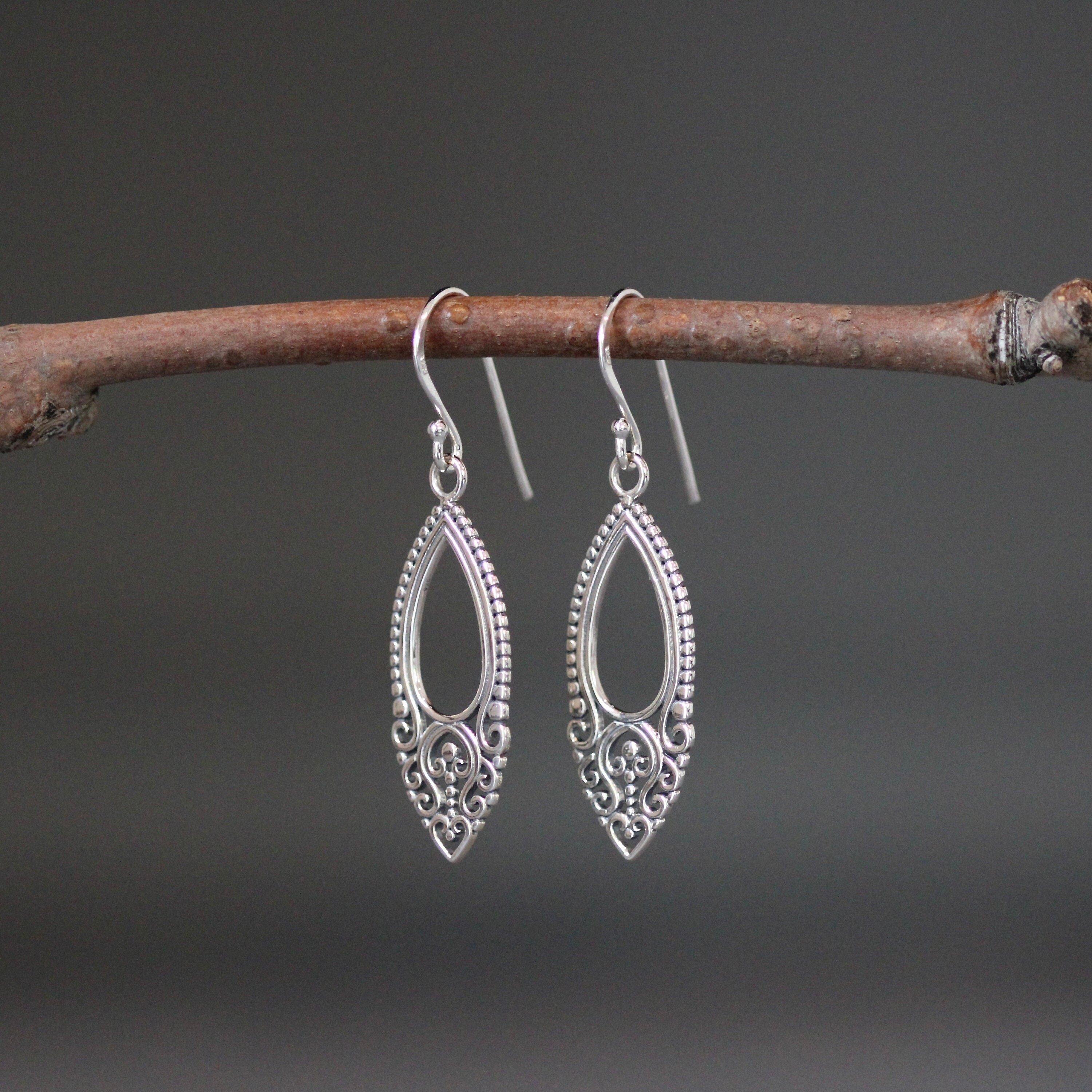 Long Bali Silver Filigree Charm Dangle Earrings