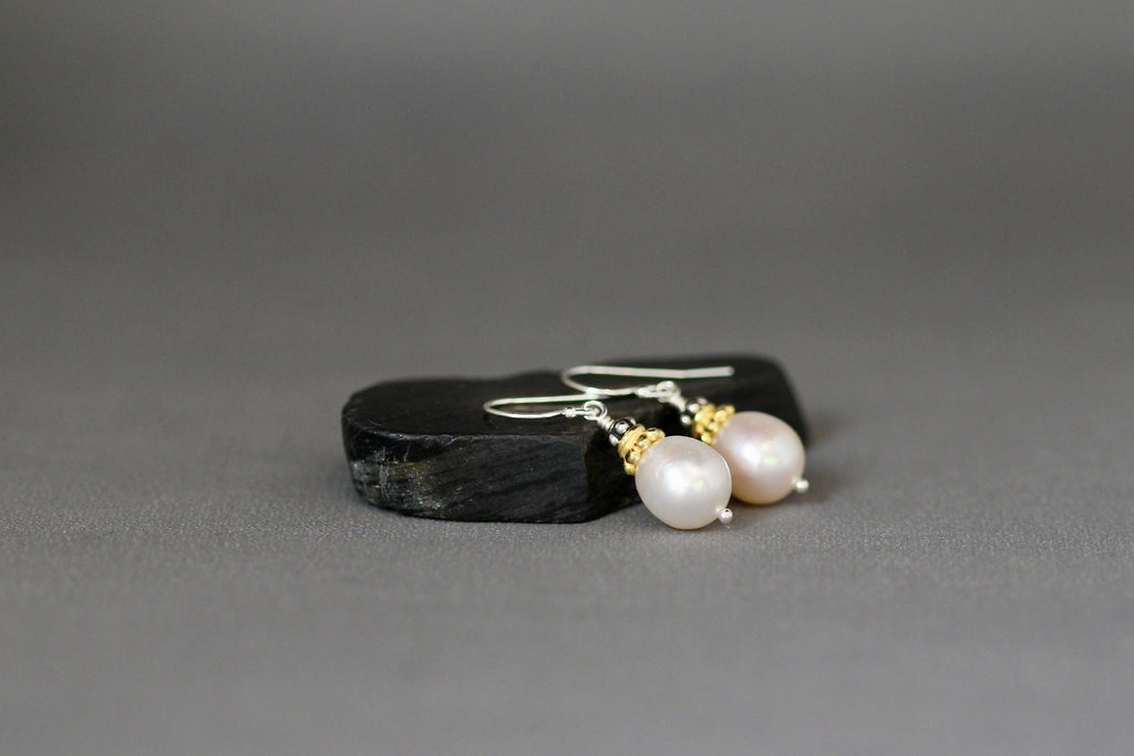 Freshwater Pearl Earrings with Gold Vermeil Caps and Bali Sterling Silver Beads