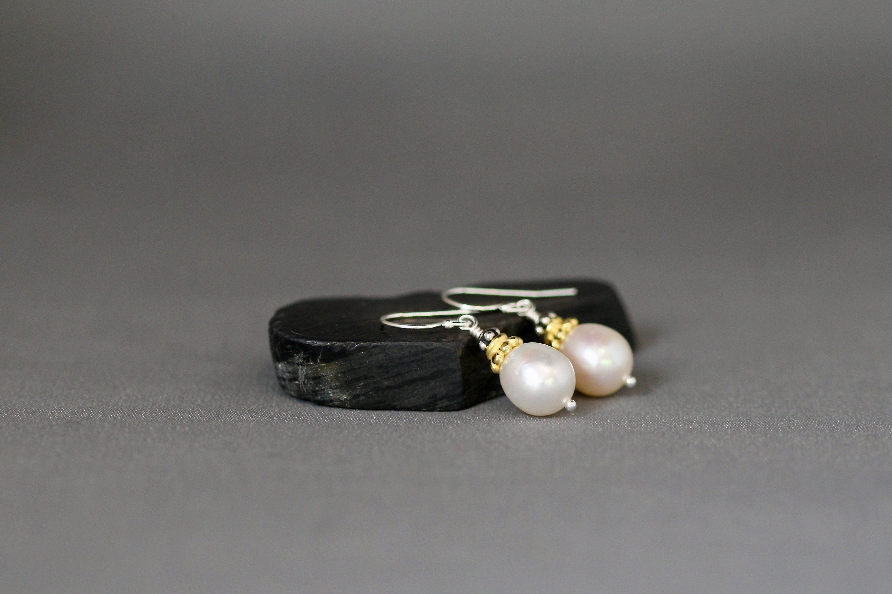 Freshwater Pearl Earrings with Gold Vermeil Caps and Bali Sterling Silver Beads