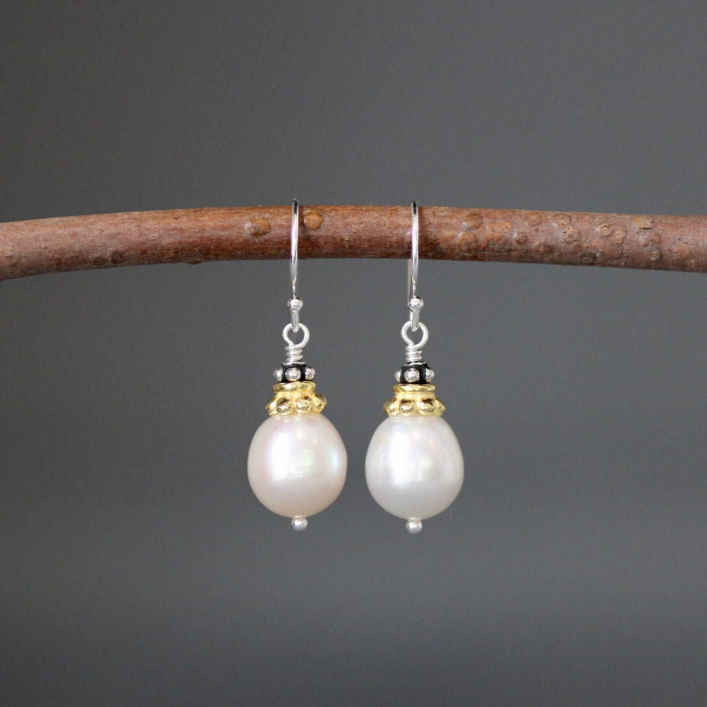 Freshwater Pearl Earrings with Gold Vermeil Caps and Bali Sterling Silver Beads