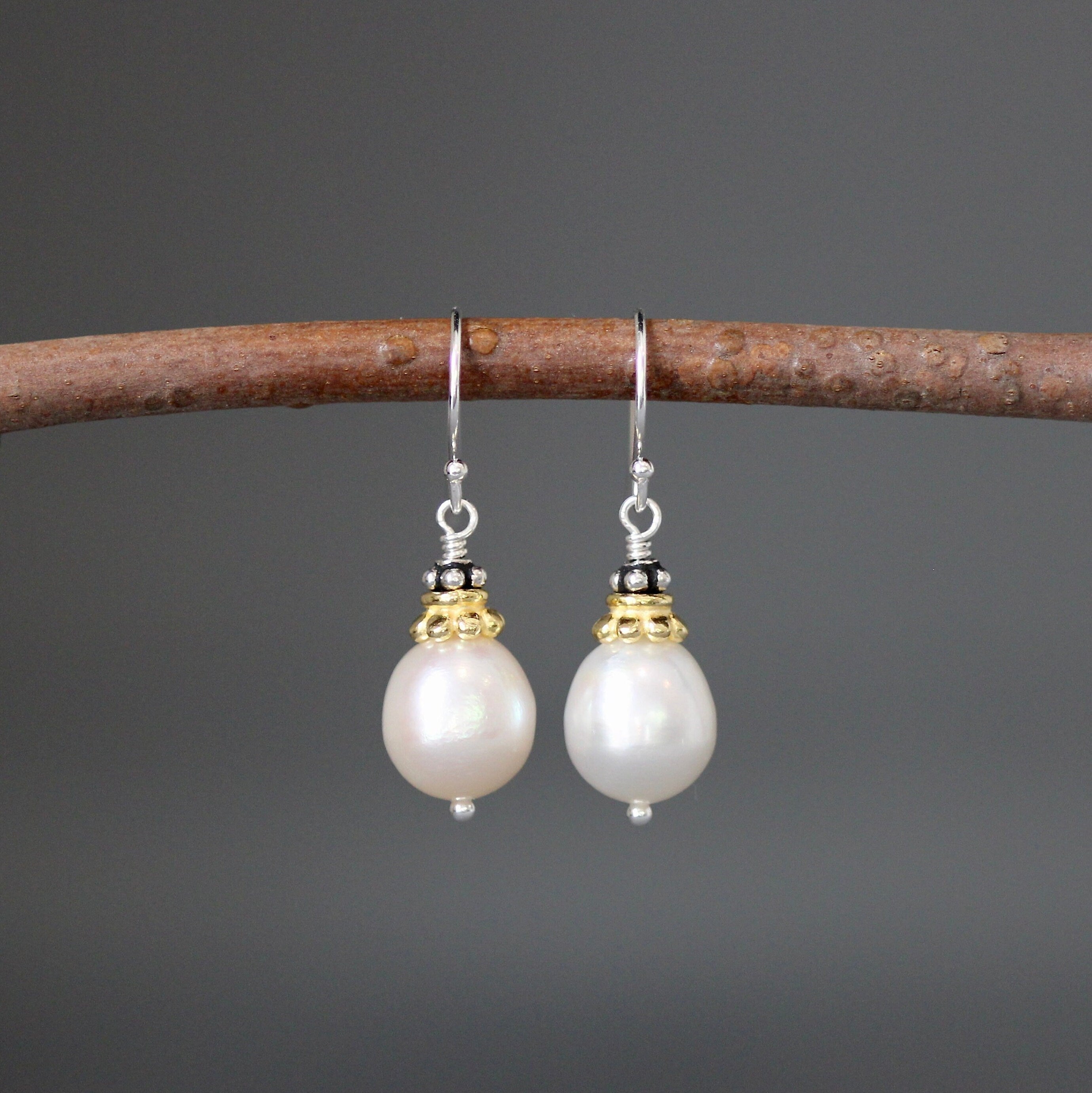 Freshwater Pearl Earrings with Gold Vermeil Caps and Bali Sterling Silver Beads