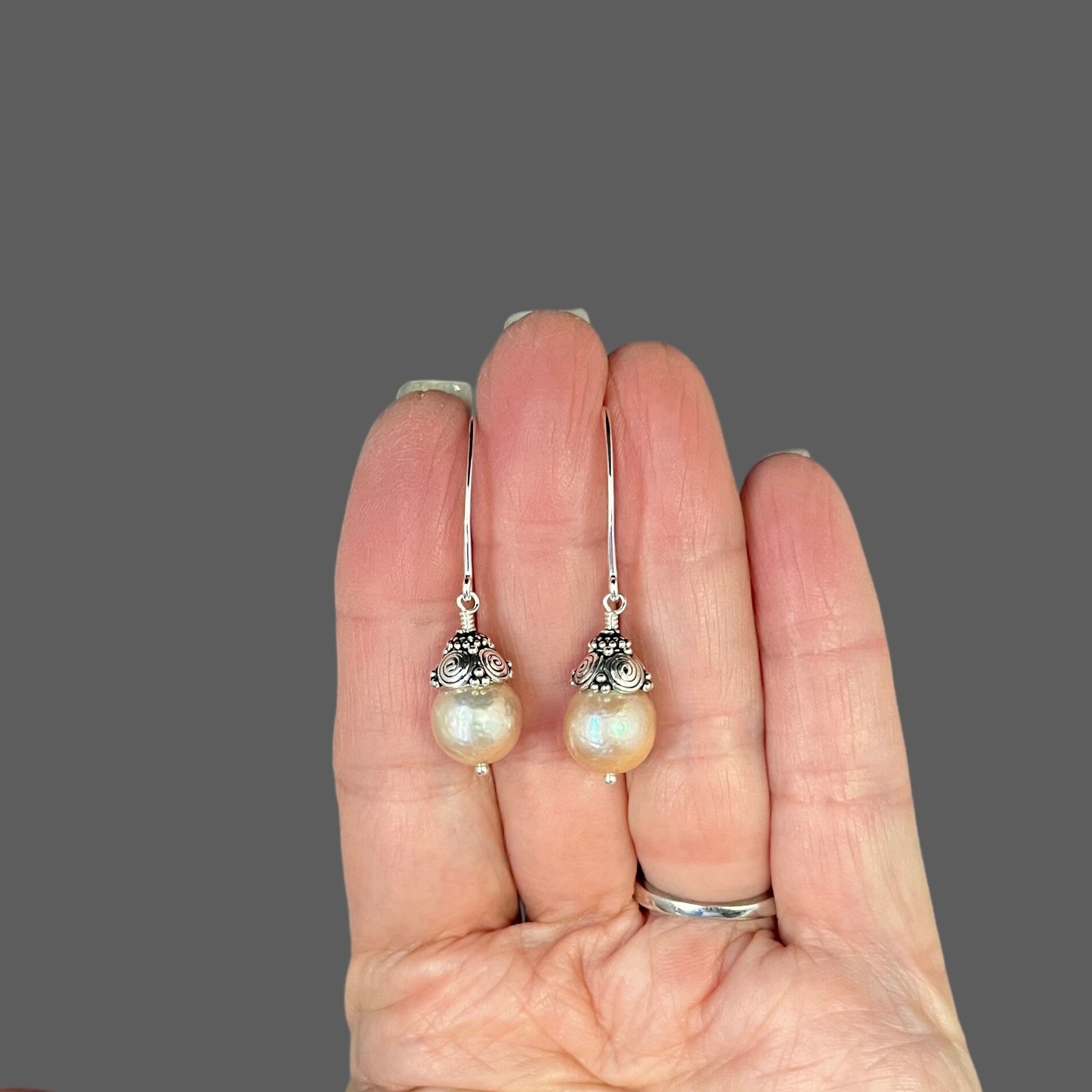 Pink Baroque Freshwater Pearl Earrings with Double Bali Sterling Silver Caps