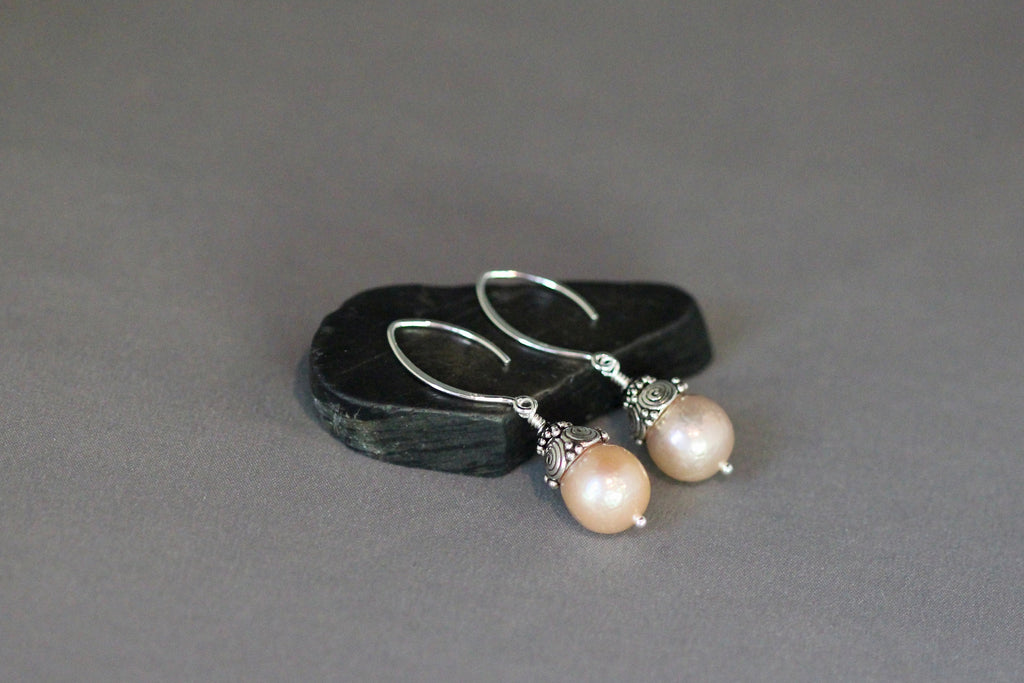 Pink Baroque Freshwater Pearl Earrings with Double Bali Sterling Silver Caps