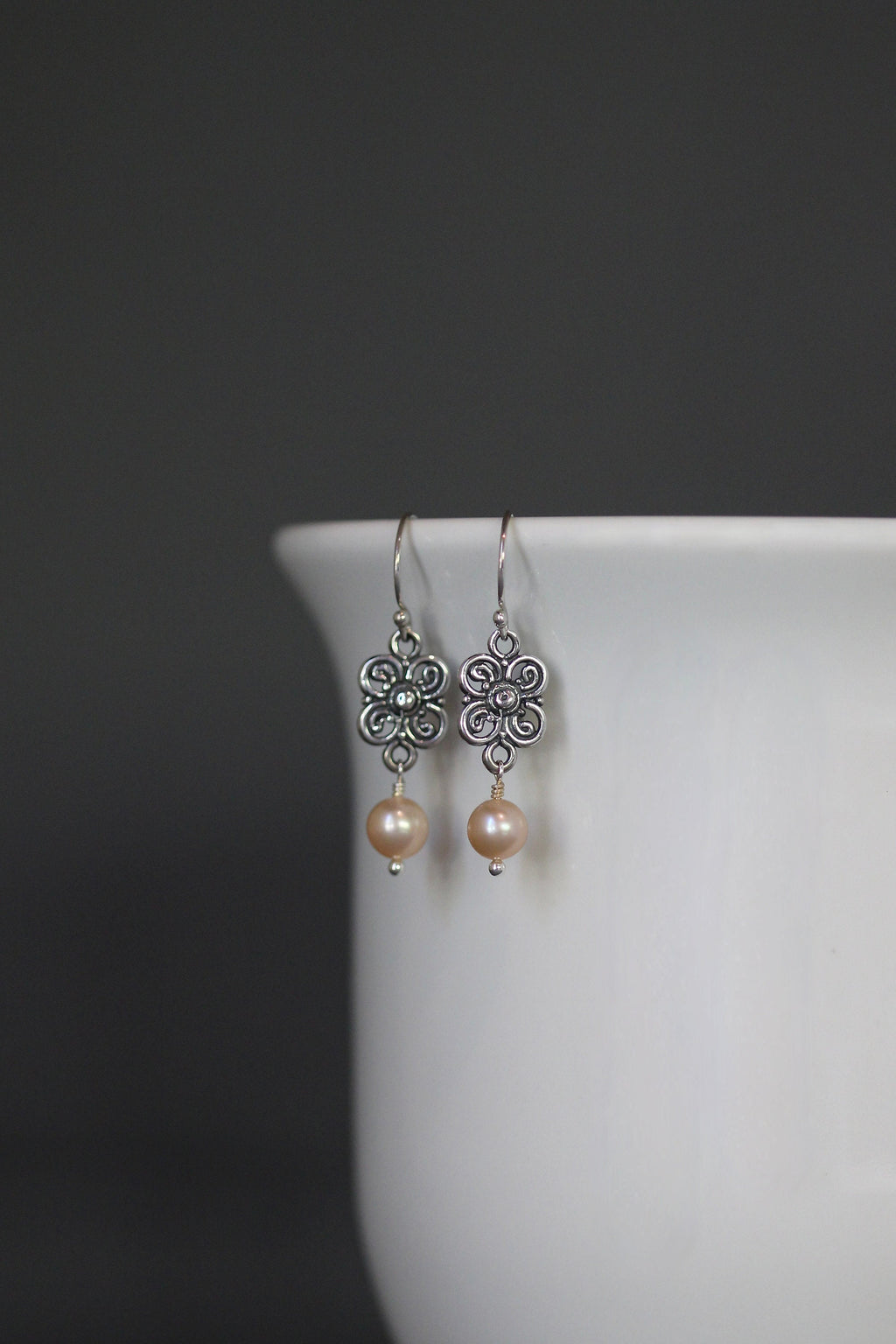 Peach Akoya Pearl Earrings on Bali Sterling Silver Flower Links