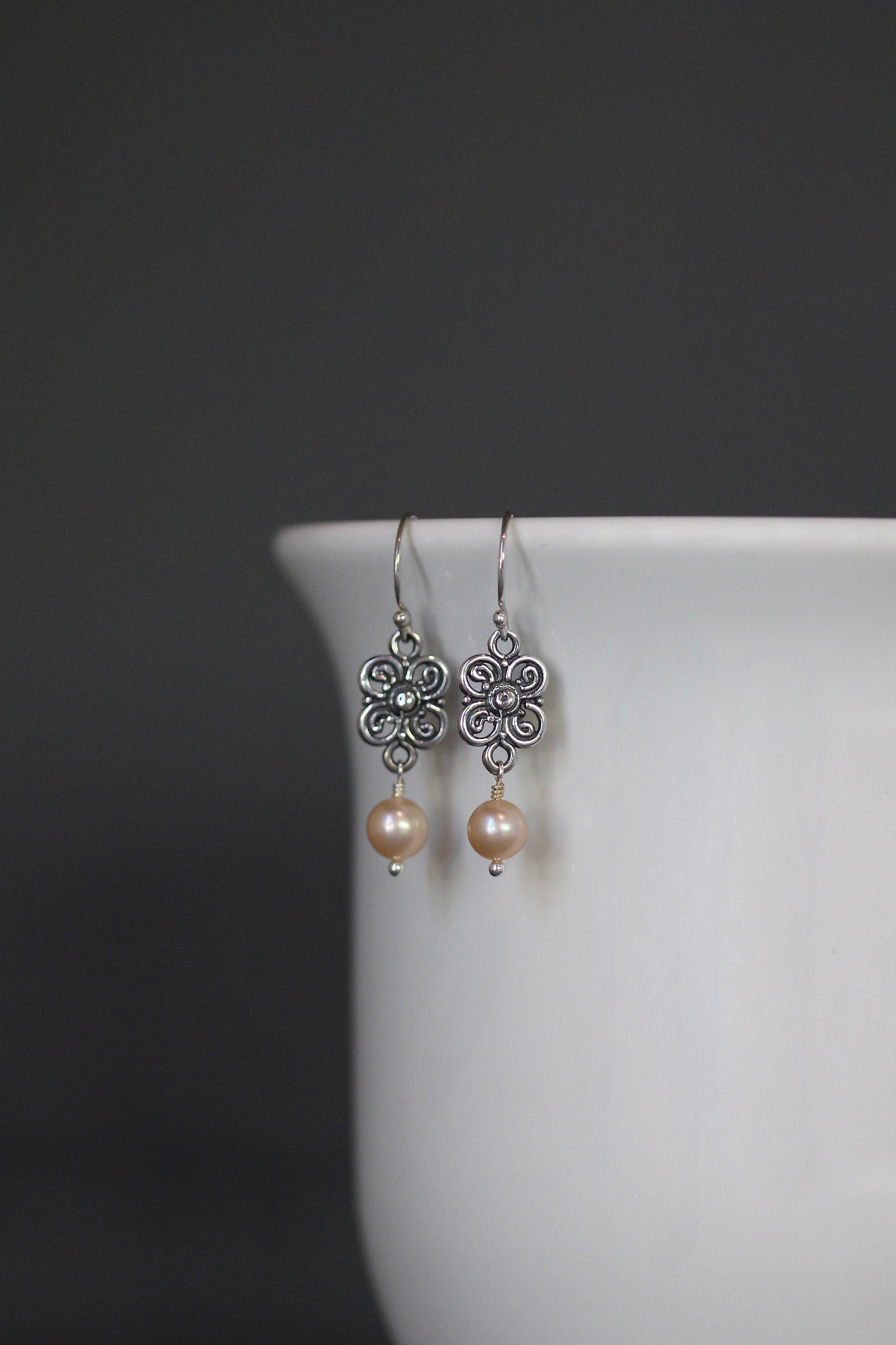 Peach Akoya Pearl Earrings on Bali Sterling Silver Flower Links
