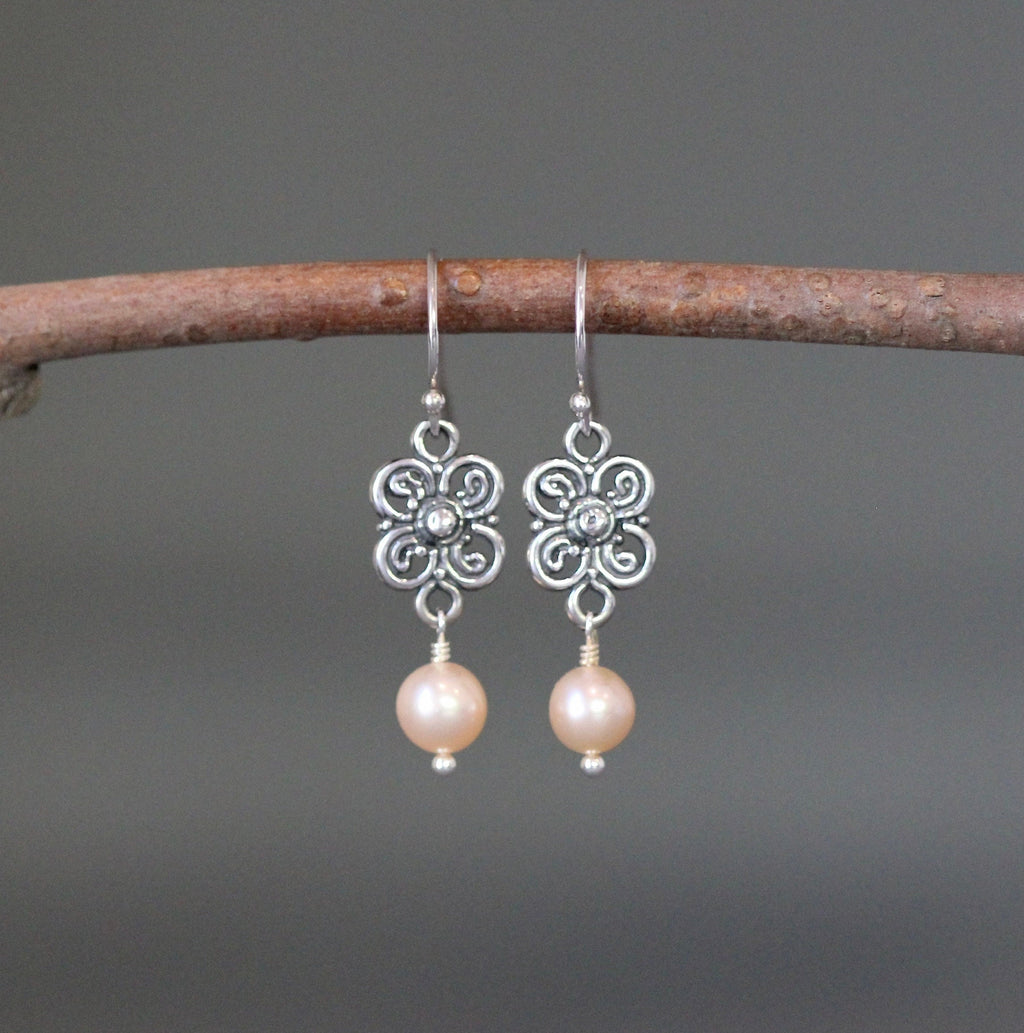 Peach Akoya Pearl Earrings on Bali Sterling Silver Flower Links