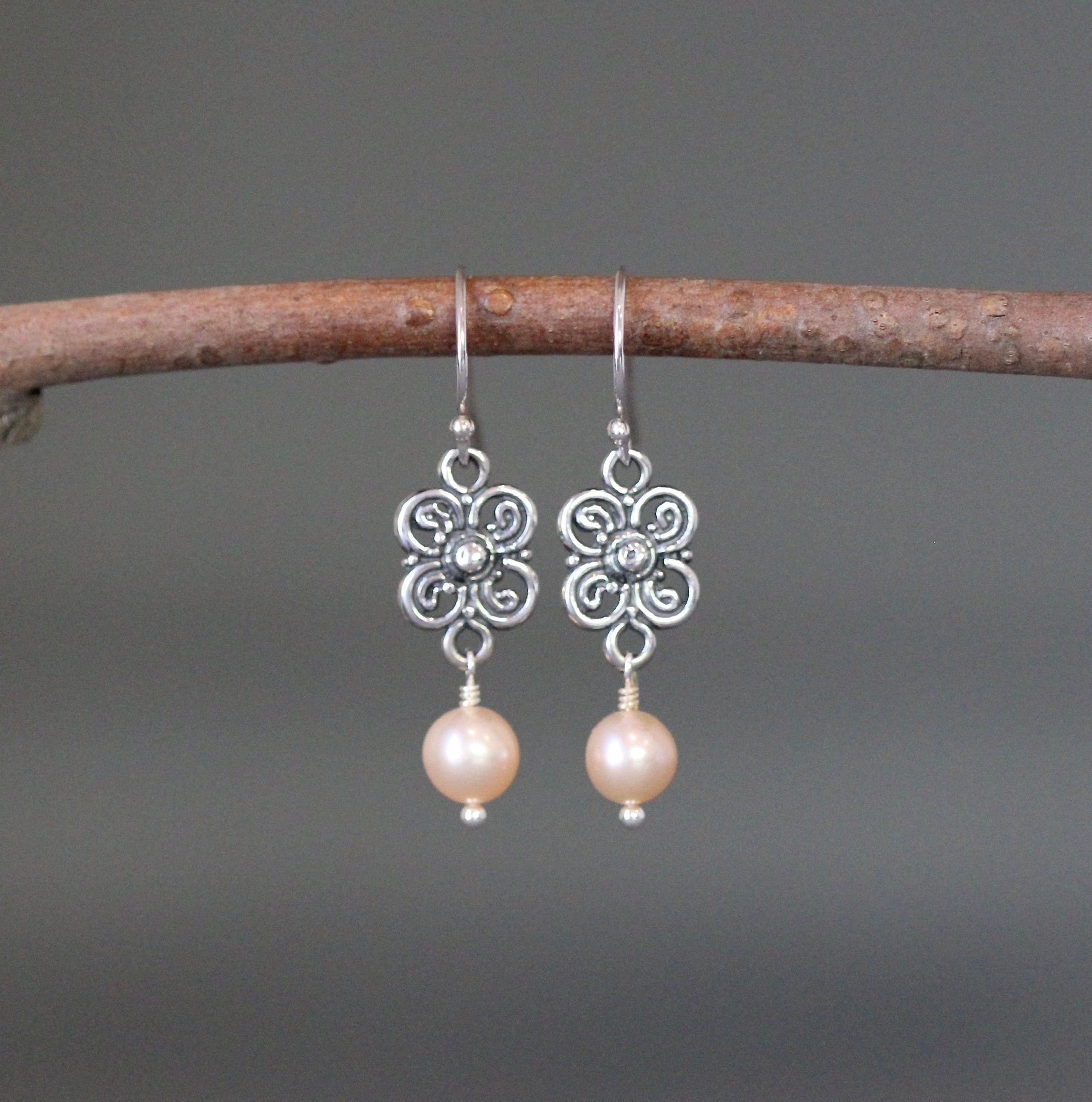 Peach Akoya Pearl Earrings on Bali Sterling Silver Flower Links