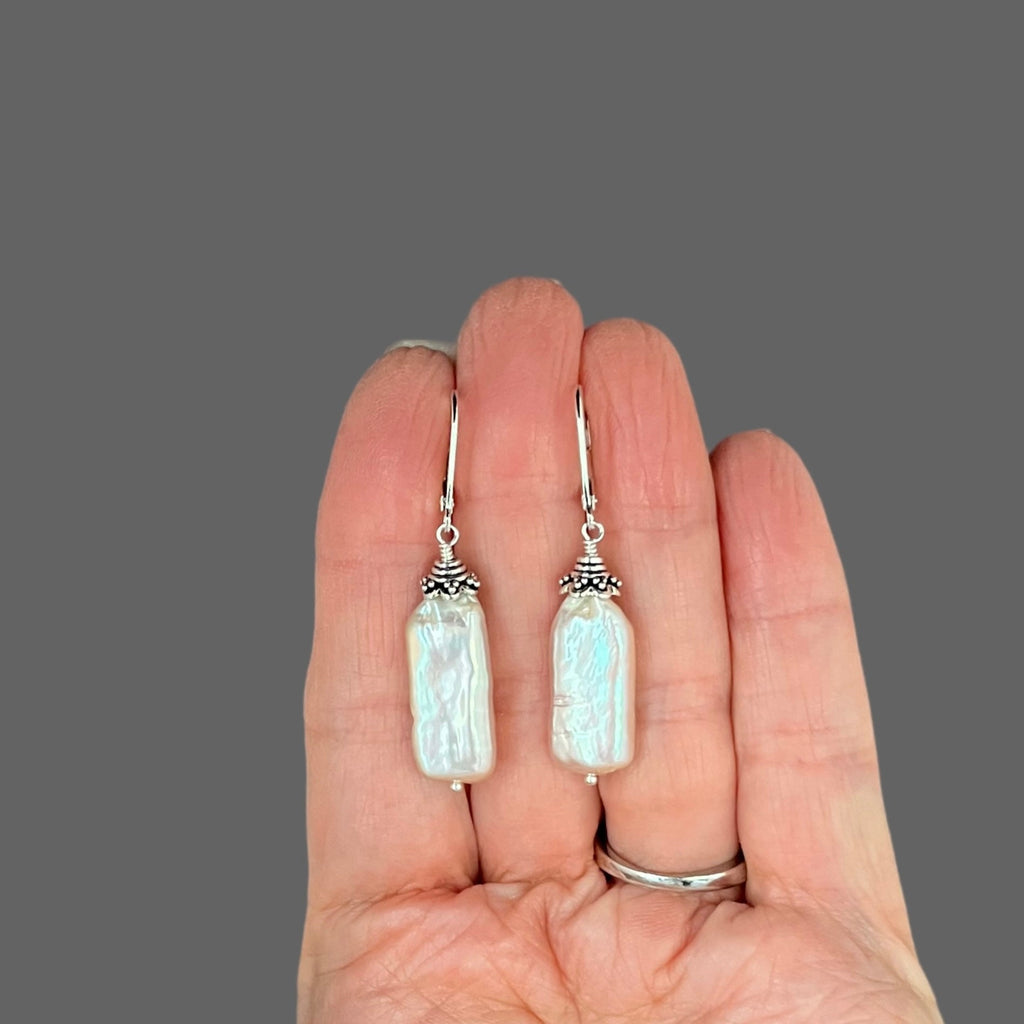 Blush Pink Rectangle Freshwater Pearl Earrings with Sterling Silver Bali Caps