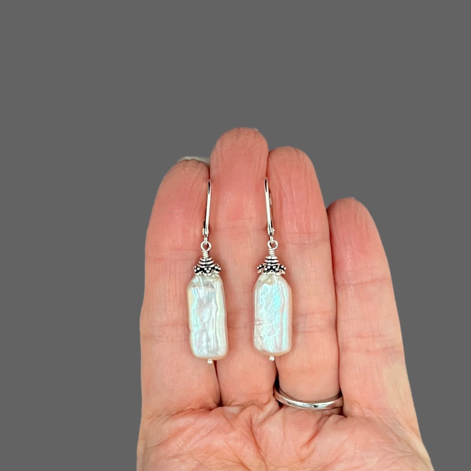 Blush Pink Rectangle Freshwater Pearl Earrings with Sterling Silver Bali Caps