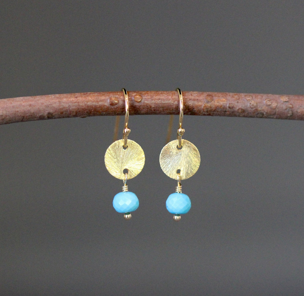 Turquoise and Gold Vermeil Brushed Disc Dangle Earrings