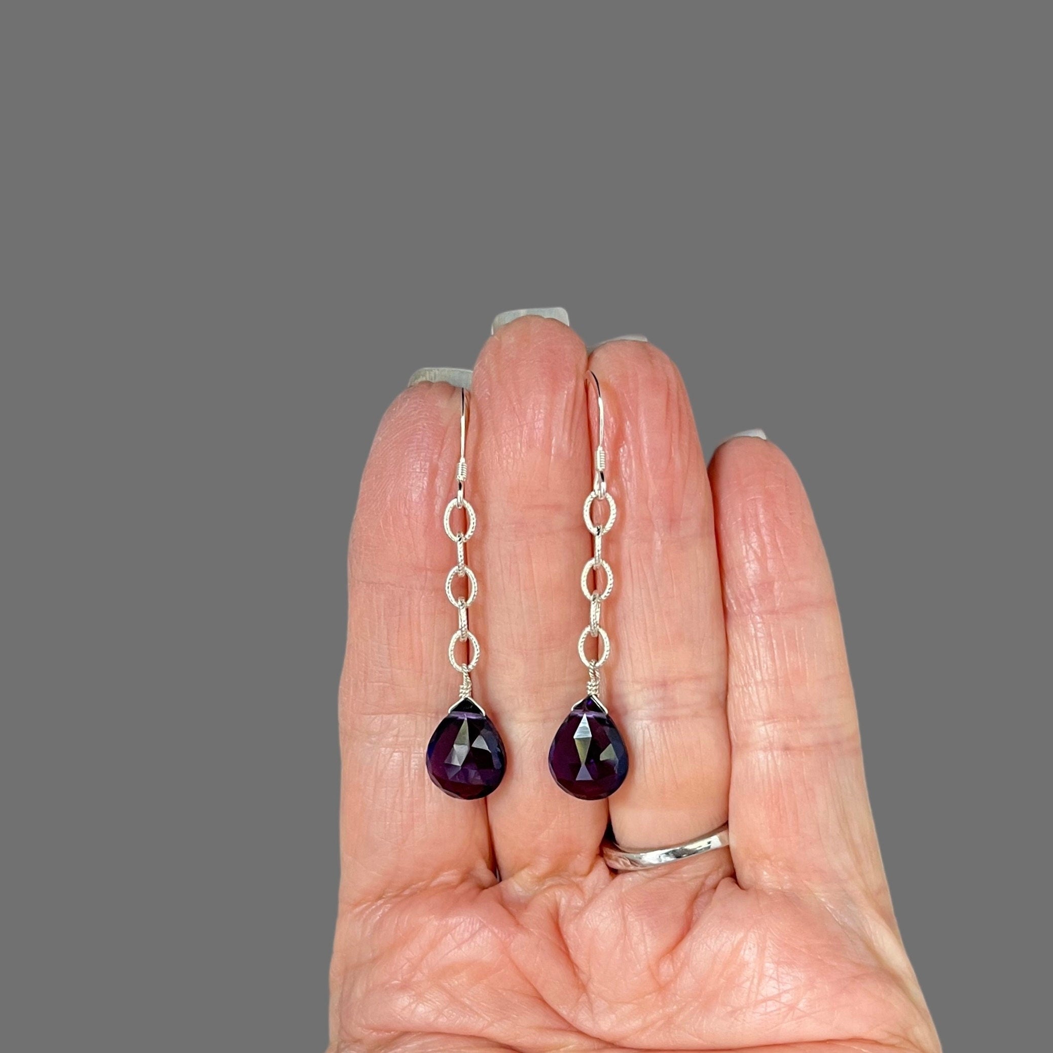 Amethyst Teardrop and Sterling Silver Open Link Chain Dangle Earrings