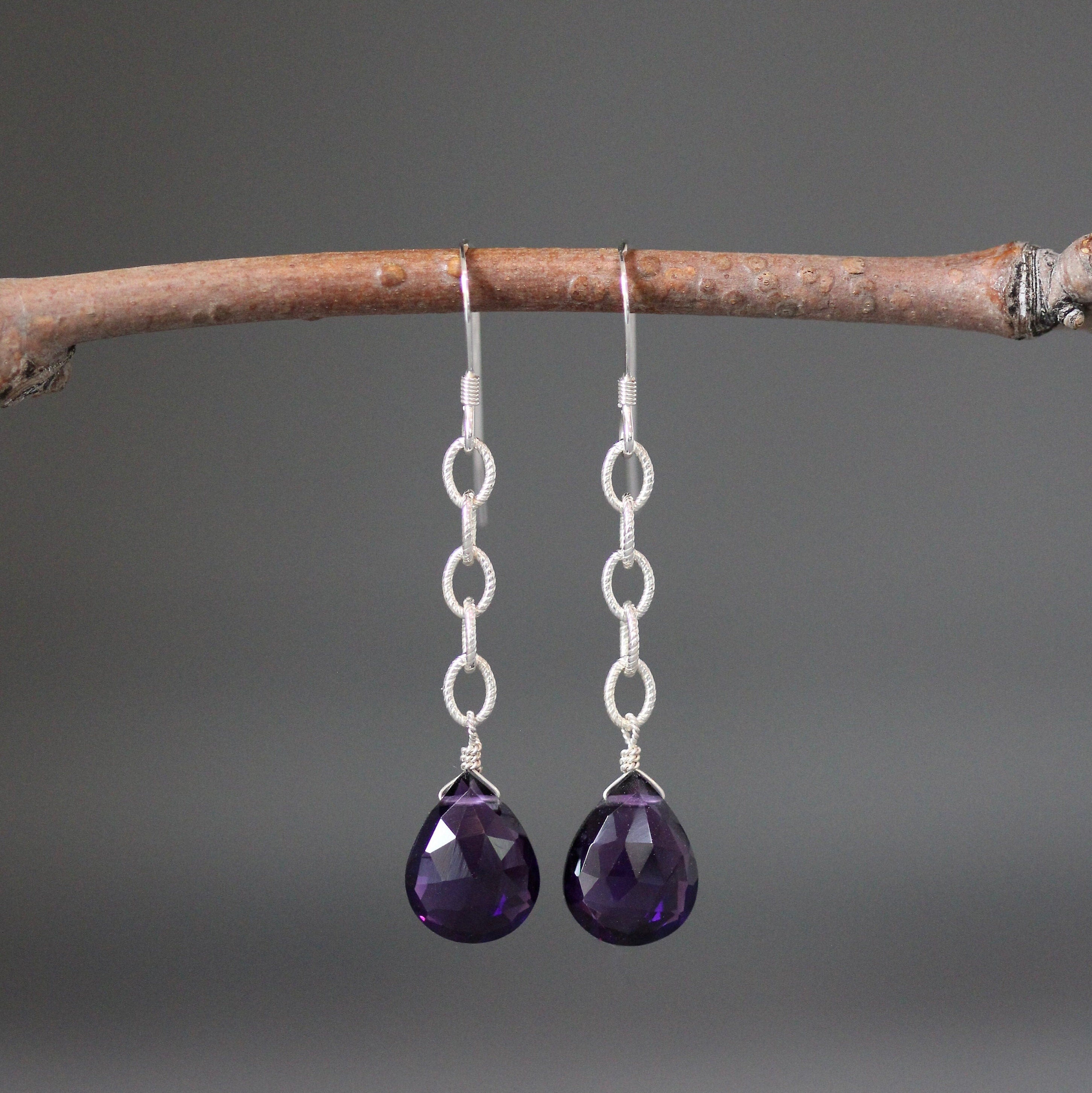 Amethyst Teardrop and Sterling Silver Open Link Chain Dangle Earrings
