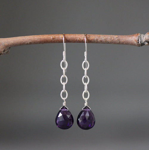 Amethyst Teardrop and Sterling Silver Open Link Chain Dangle Earrings