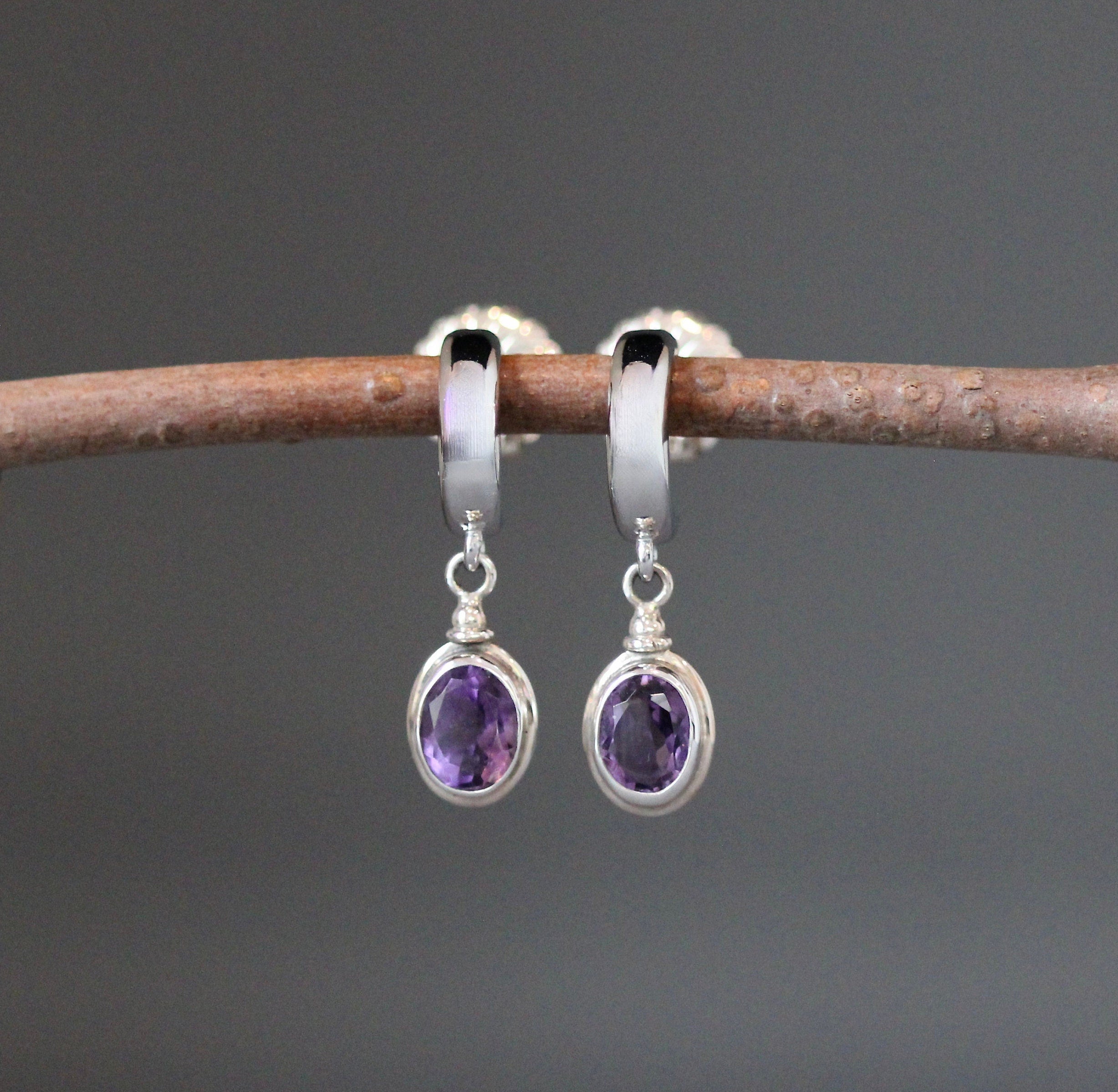 Amethyst Oval Bezel and Bali Sterling Silver Charm Earrings on Post Hoops