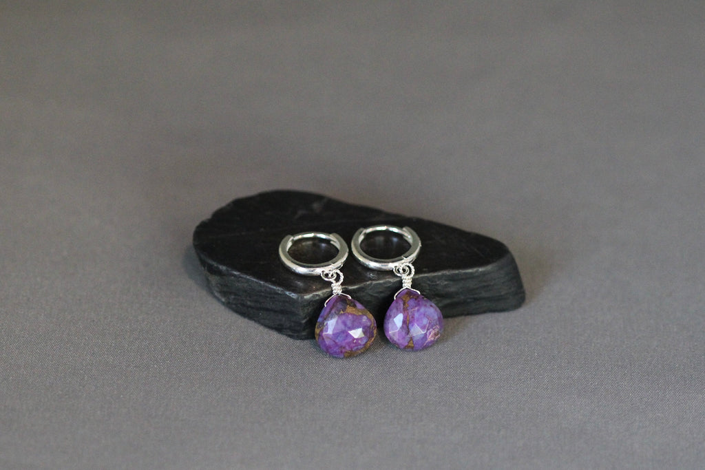 Purple Copper Turquoise Teardrop Earrings on Sterling Silver Huggie Hoops