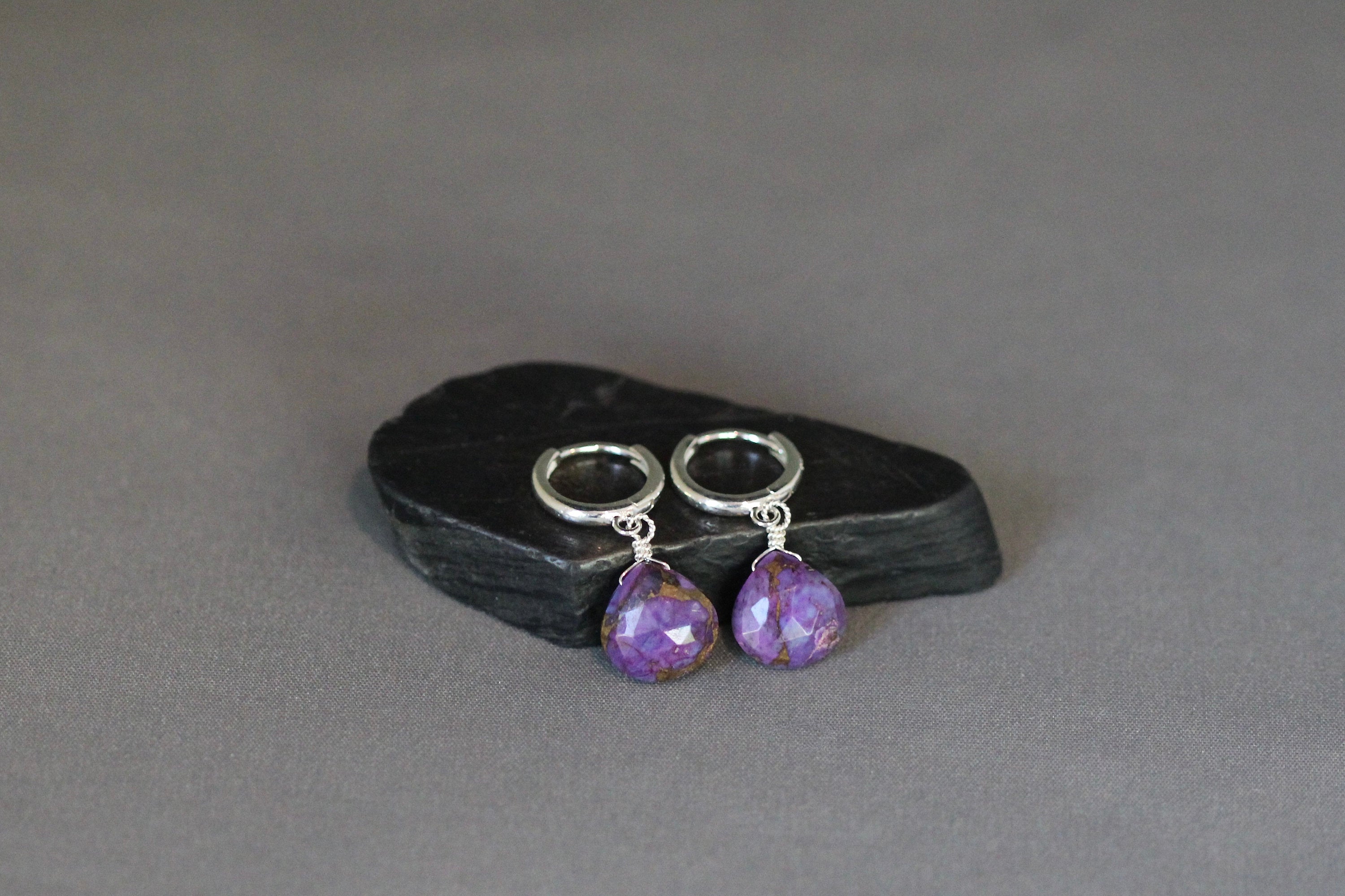 Purple Copper Turquoise Teardrop Earrings on Sterling Silver Huggie Hoops
