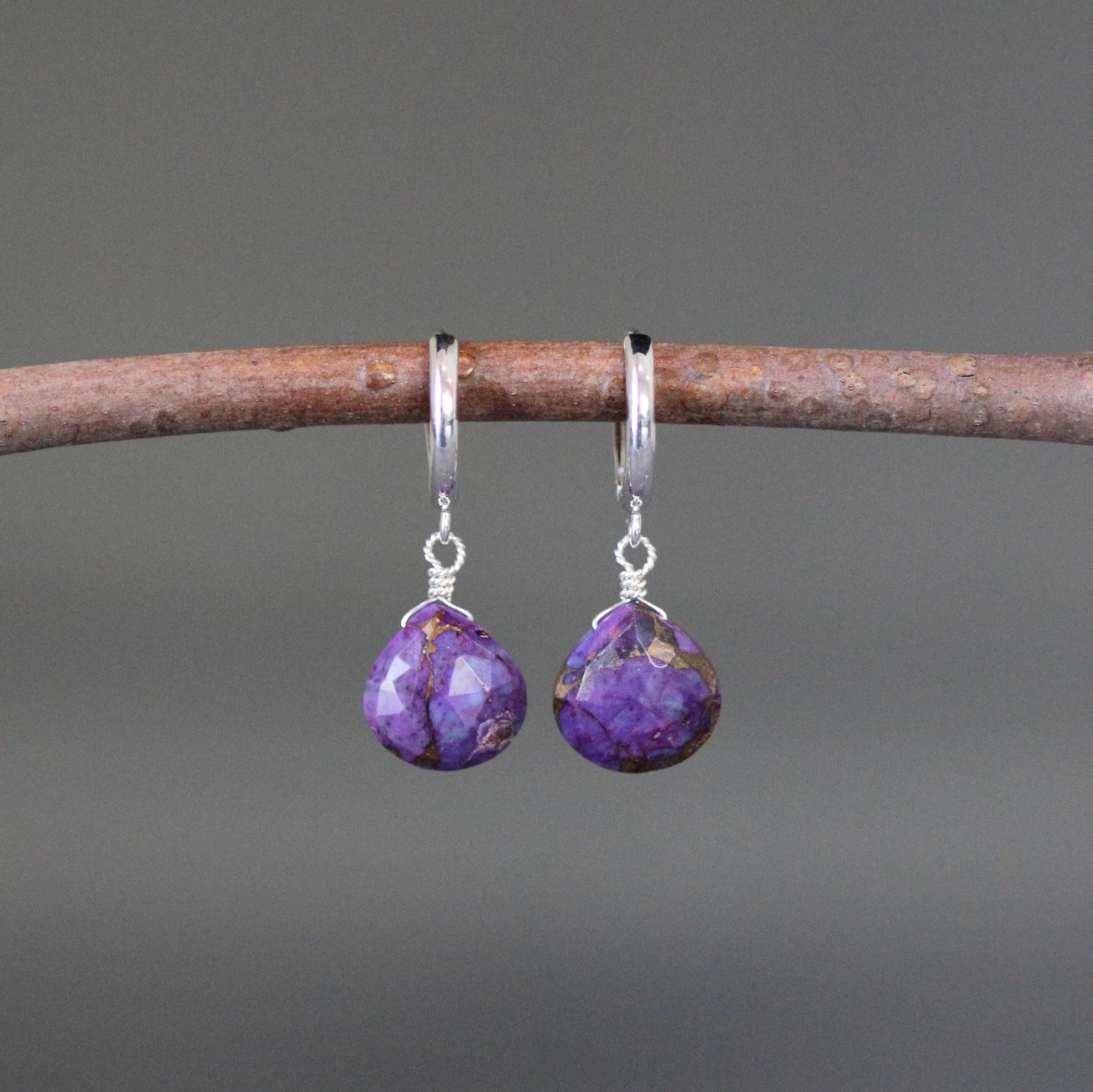 Purple Copper Turquoise Teardrop Earrings on Sterling Silver Huggie Hoops
