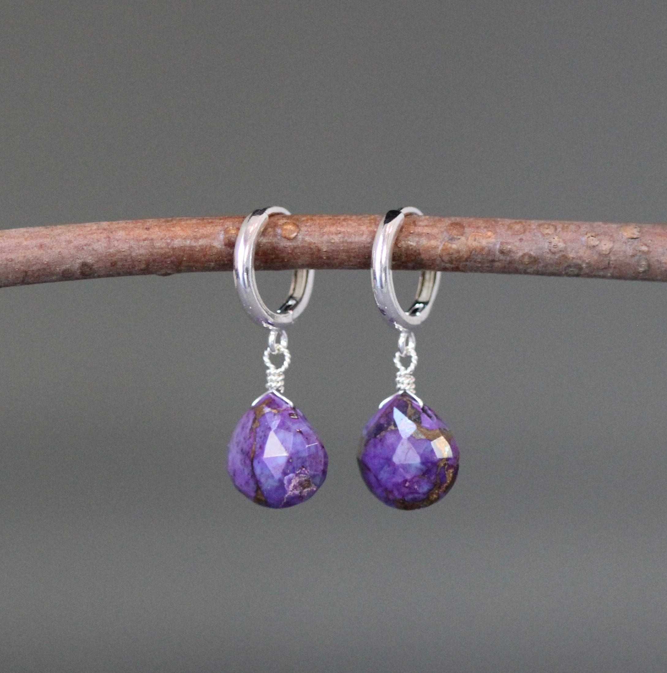 Purple Copper Turquoise Teardrop Earrings on Sterling Silver Huggie Hoops
