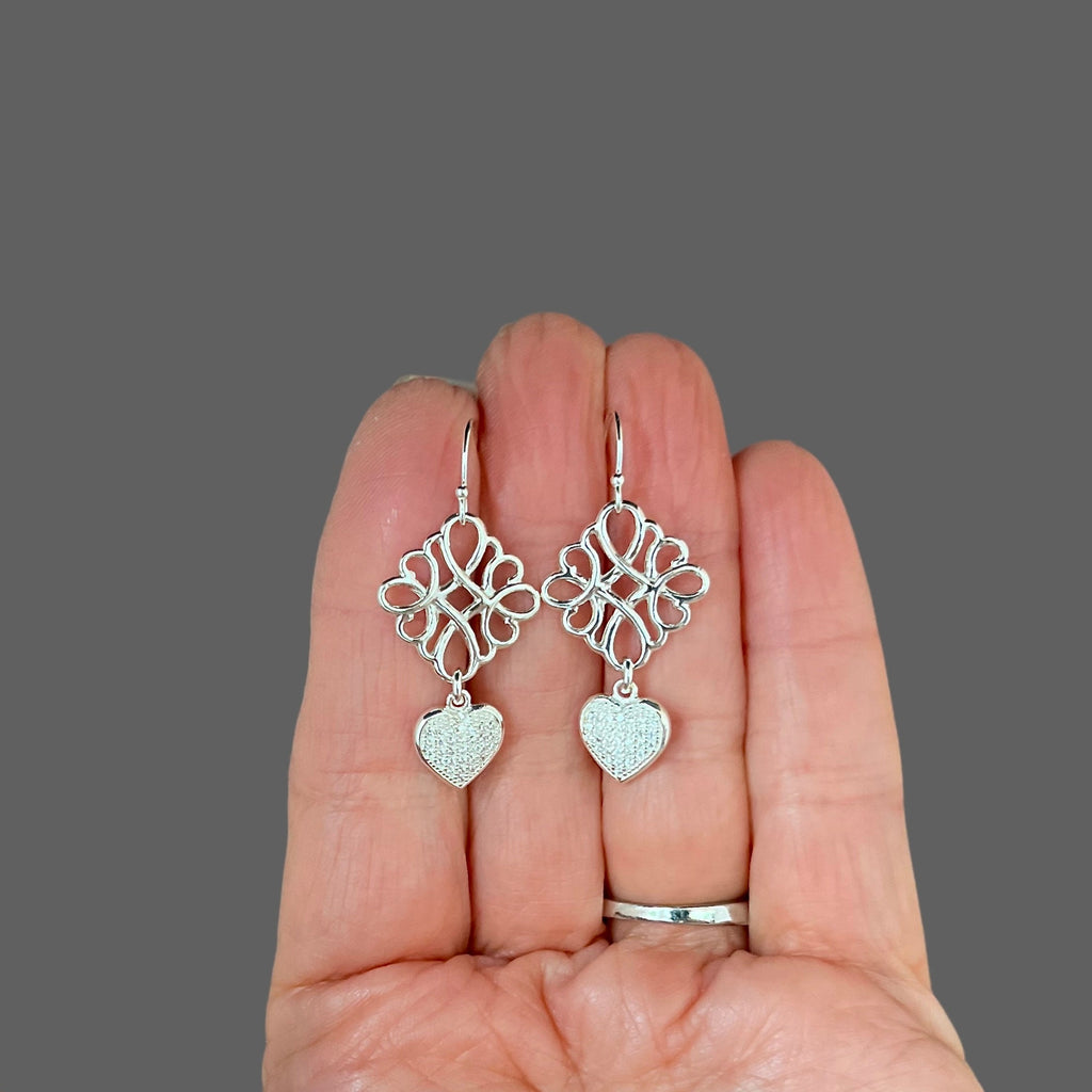 Cubic Zirconia Pave Heart and Sterling Silver Filigree Dangle Earrings