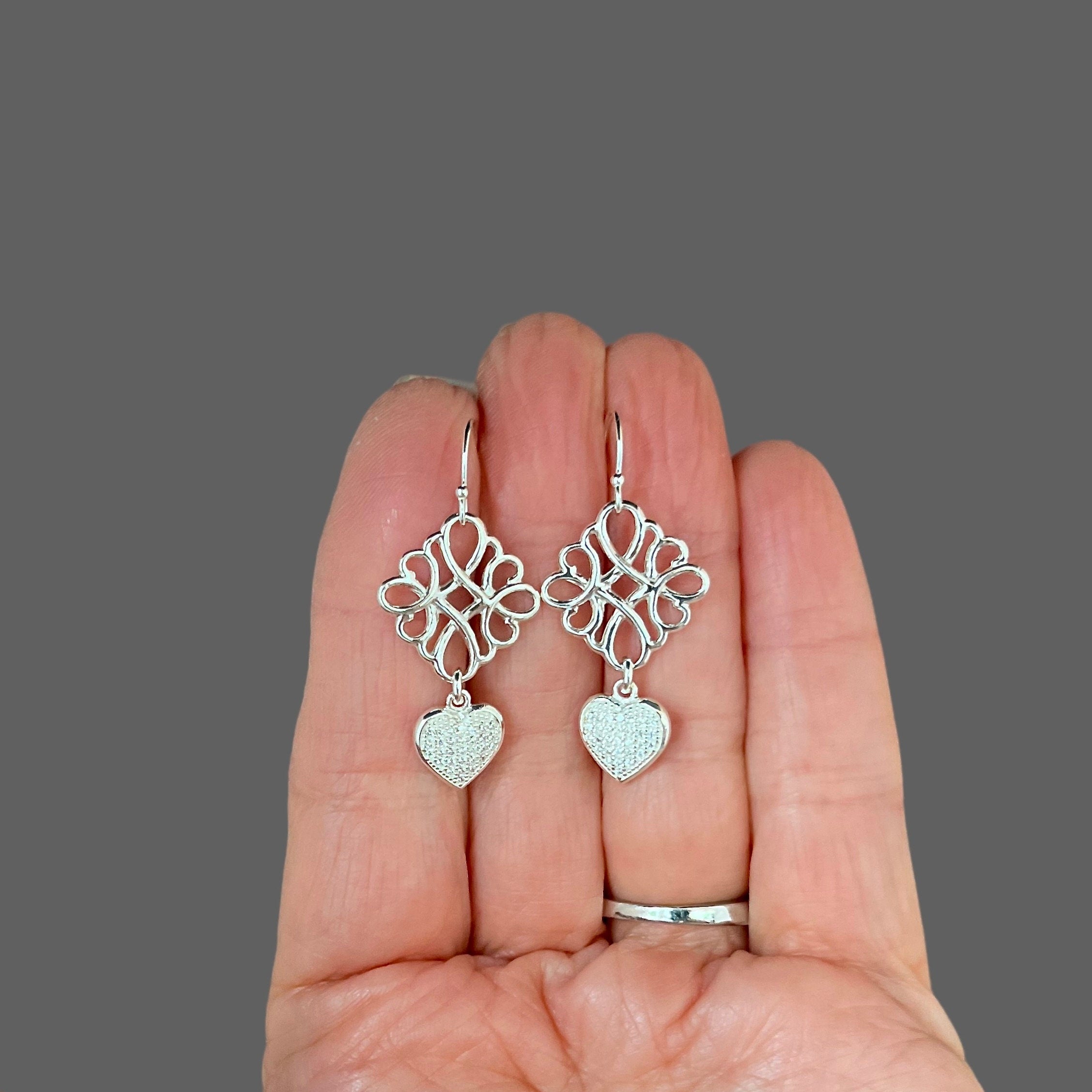 Cubic Zirconia Pave Heart and Sterling Silver Filigree Dangle Earrings