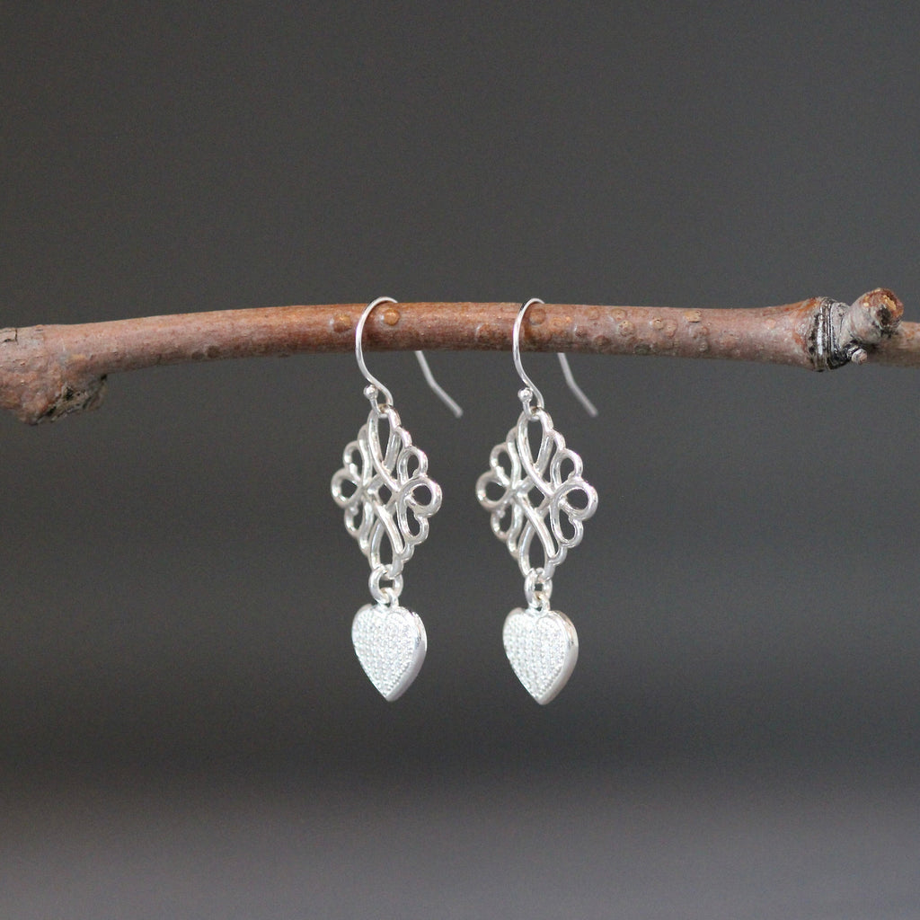 Cubic Zirconia Pave Heart and Sterling Silver Filigree Dangle Earrings