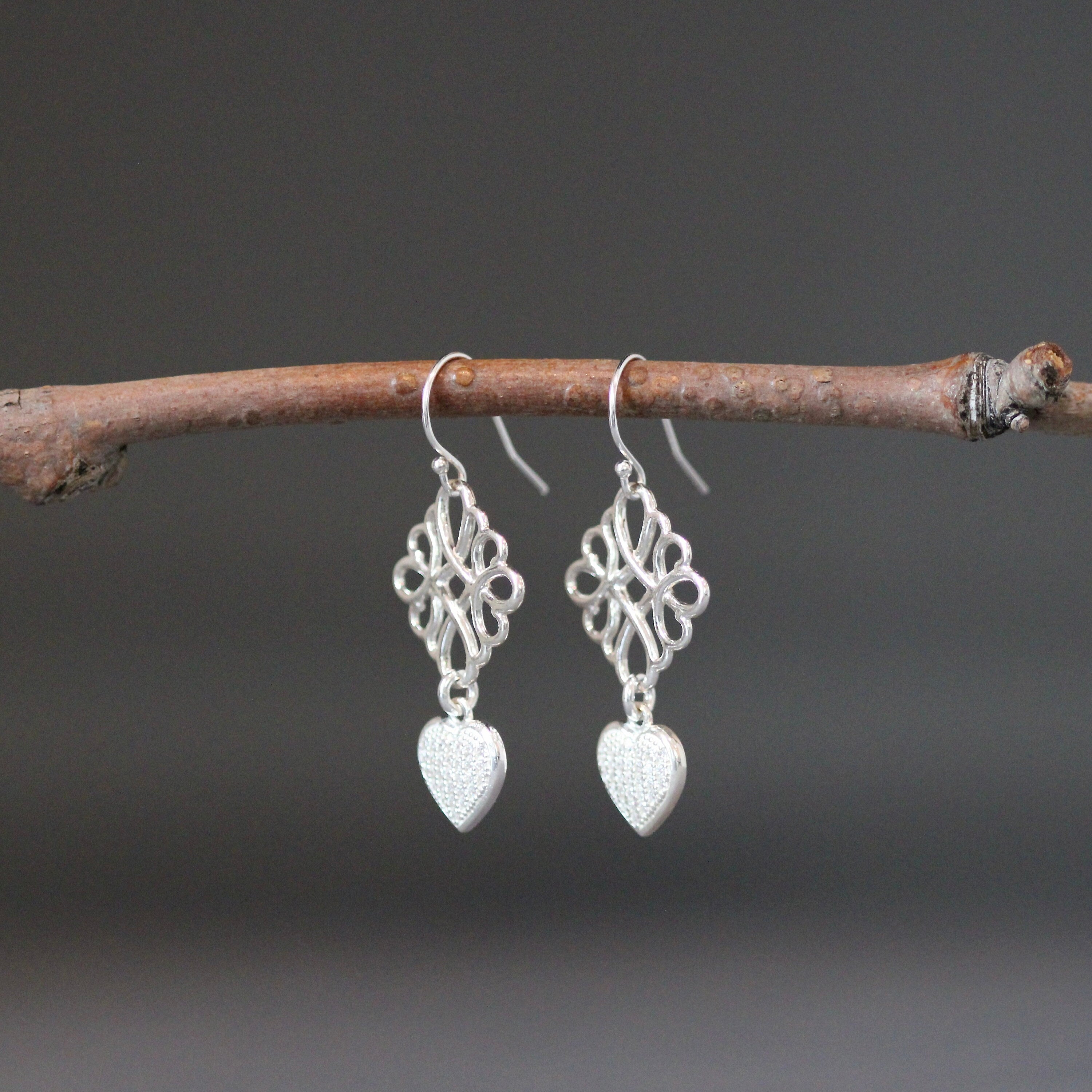 Cubic Zirconia Pave Heart and Sterling Silver Filigree Dangle Earrings