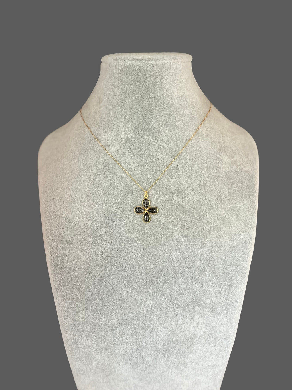 Black Rutilated Quartz Teardrop Stones Set in a Gold Vermeil Flower Pendant Necklace