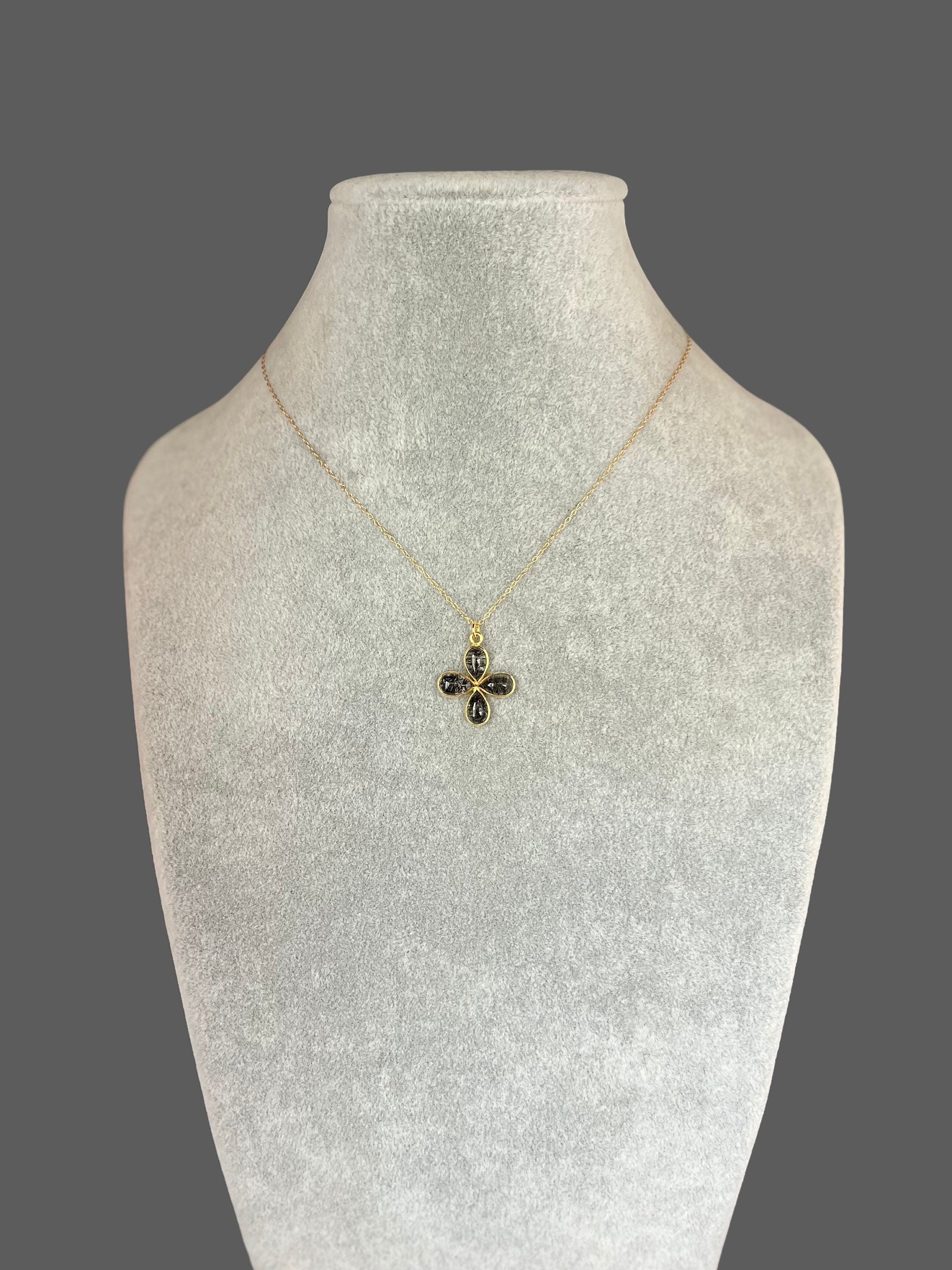 Black Rutilated Quartz Teardrop Stones Set in a Gold Vermeil Flower Pendant Necklace