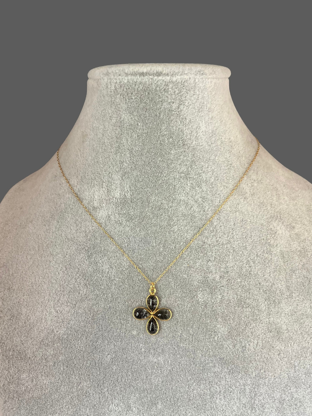 Black Rutilated Quartz Teardrop Stones Set in a Gold Vermeil Flower Pendant Necklace