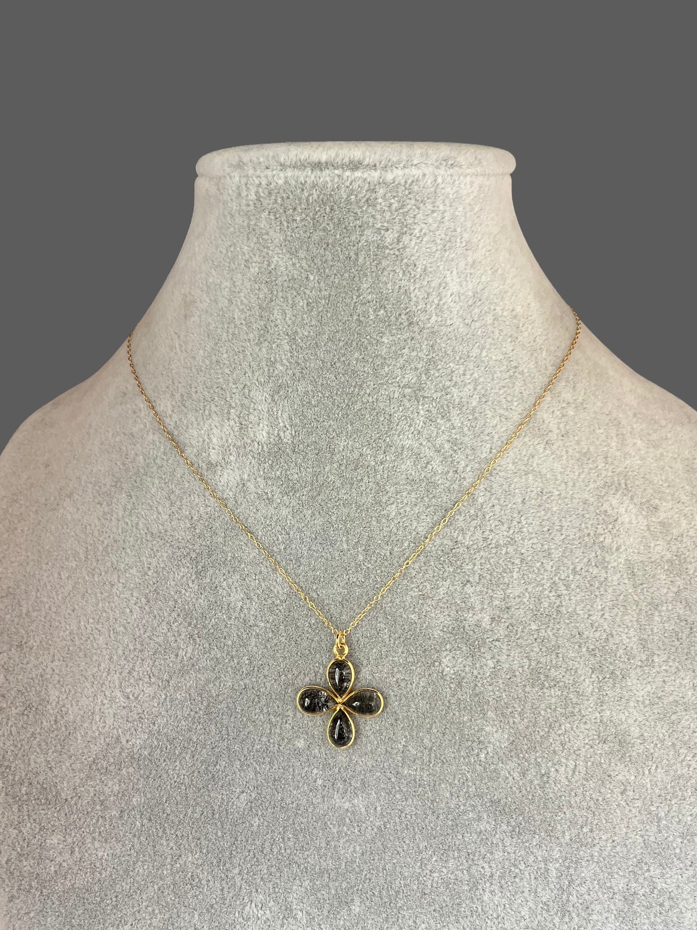 Black Rutilated Quartz Teardrop Stones Set in a Gold Vermeil Flower Pendant Necklace