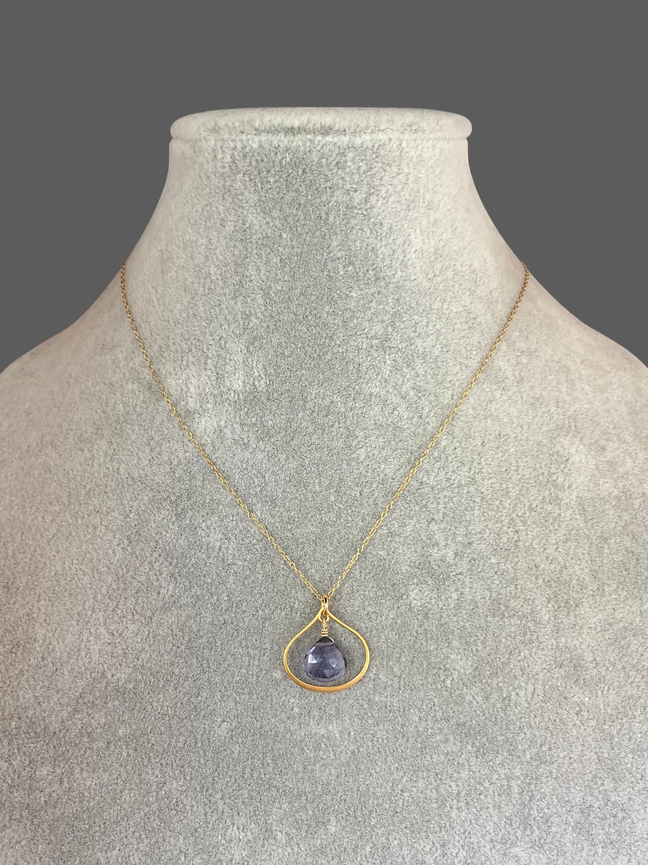 Blue Iolite Gemstone Pendant on a Gold Vermeil Frame and Gold Filled Chain