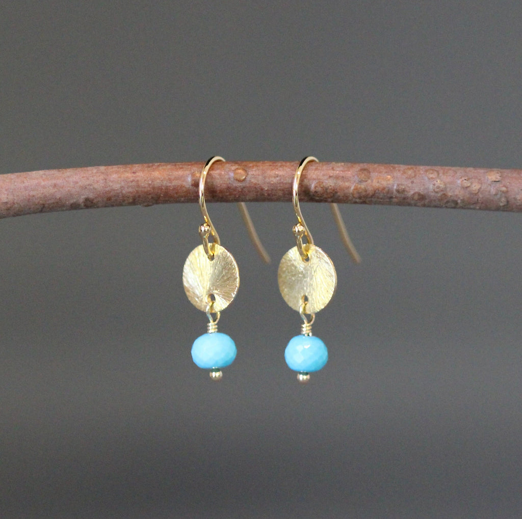 Turquoise and Gold Vermeil Brushed Disc Dangle Earrings