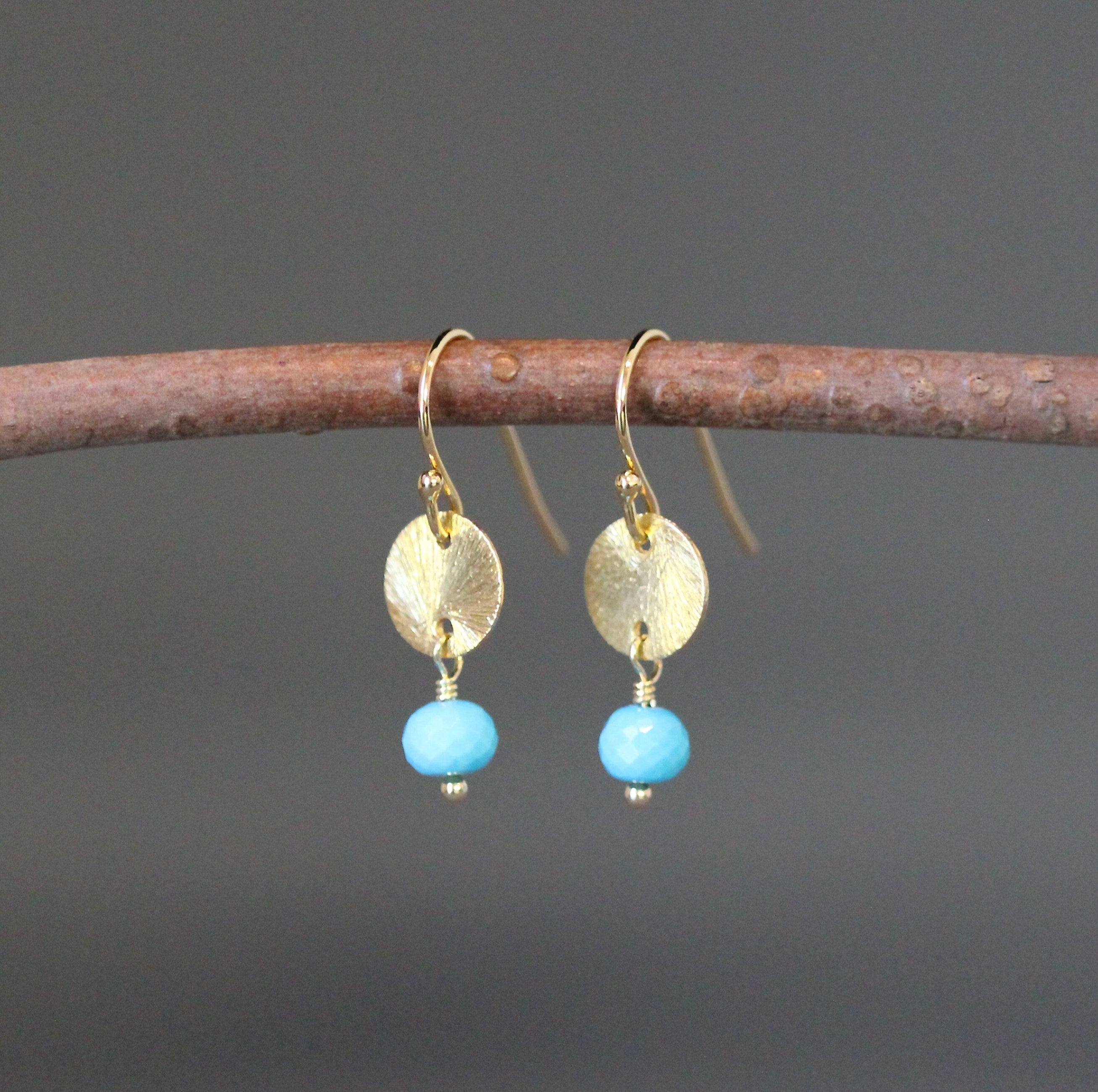 Turquoise and Gold Vermeil Brushed Disc Dangle Earrings