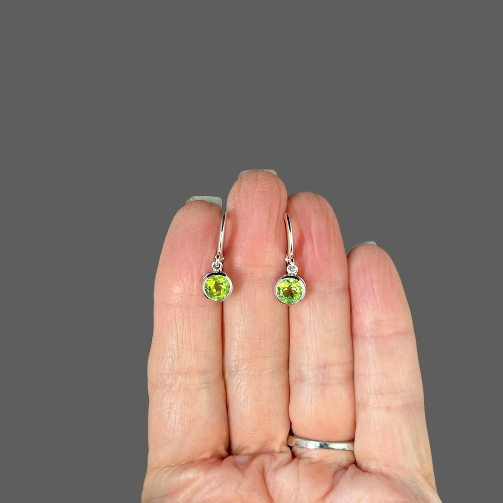 Peridot Bezel Charm Earrings on Silver Huggie Hoops