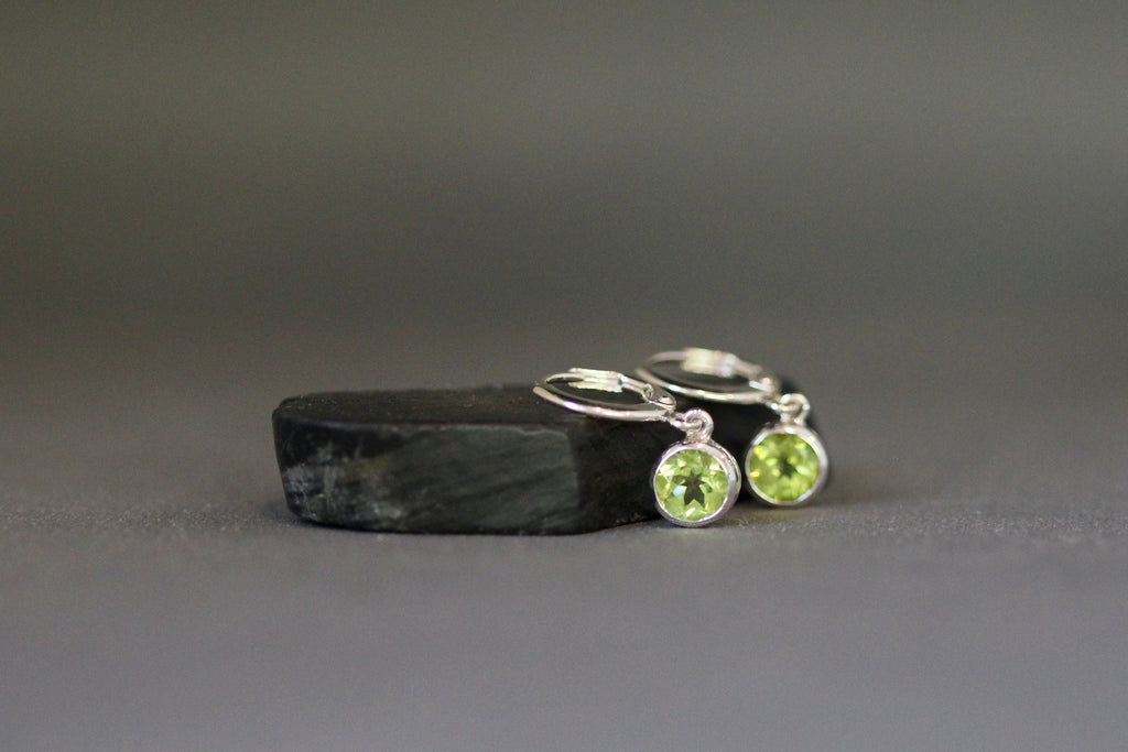 Peridot Bezel Charm Earrings on Silver Huggie Hoops