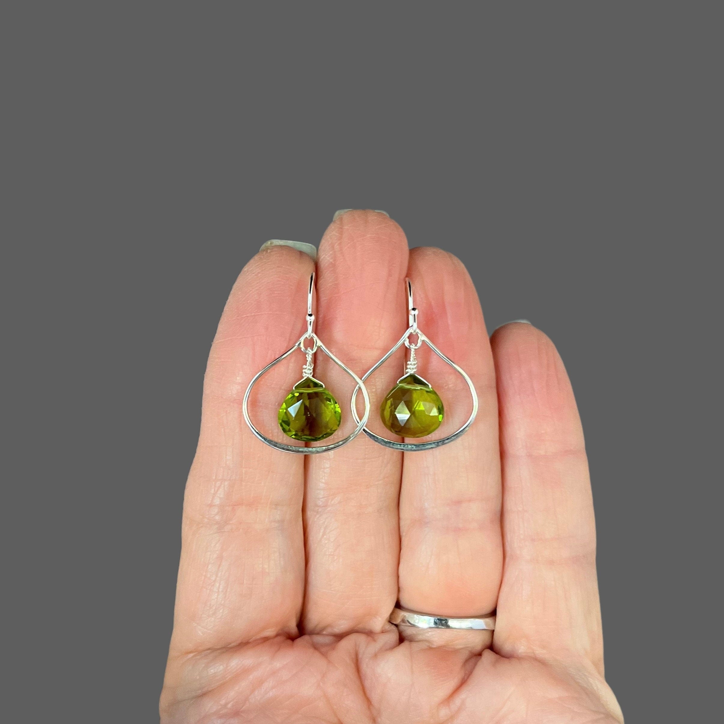 Peridot Quartz Teardrop Earrings on Sterling Silver Frame Links