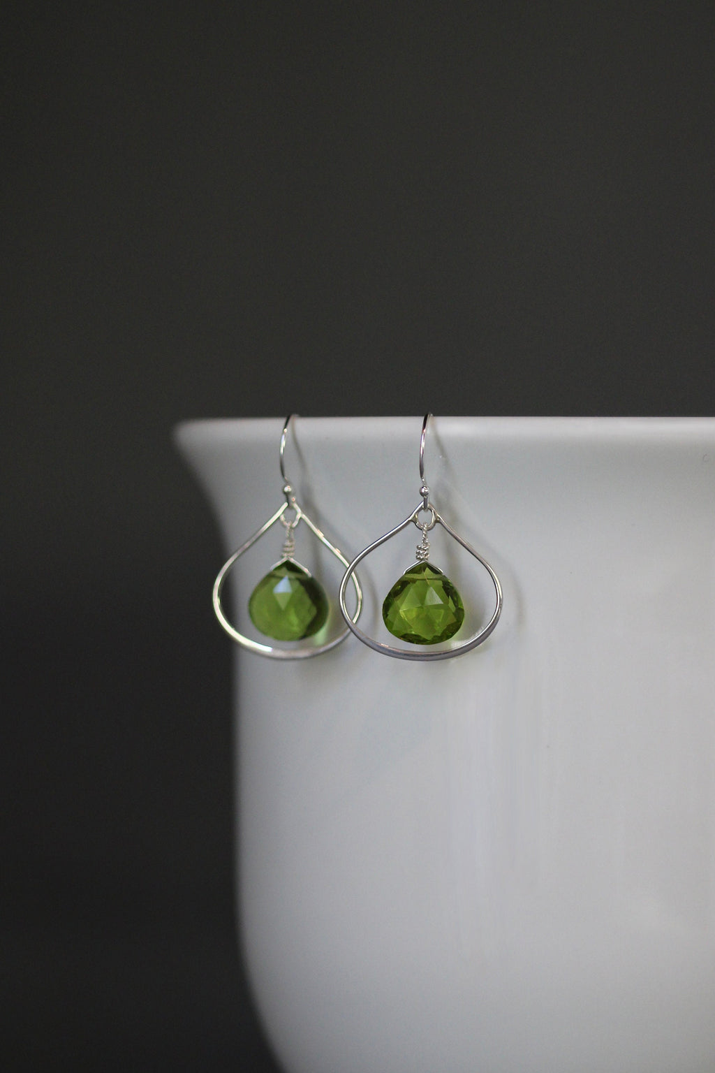 Peridot Quartz Teardrop Earrings on Sterling Silver Frame Links