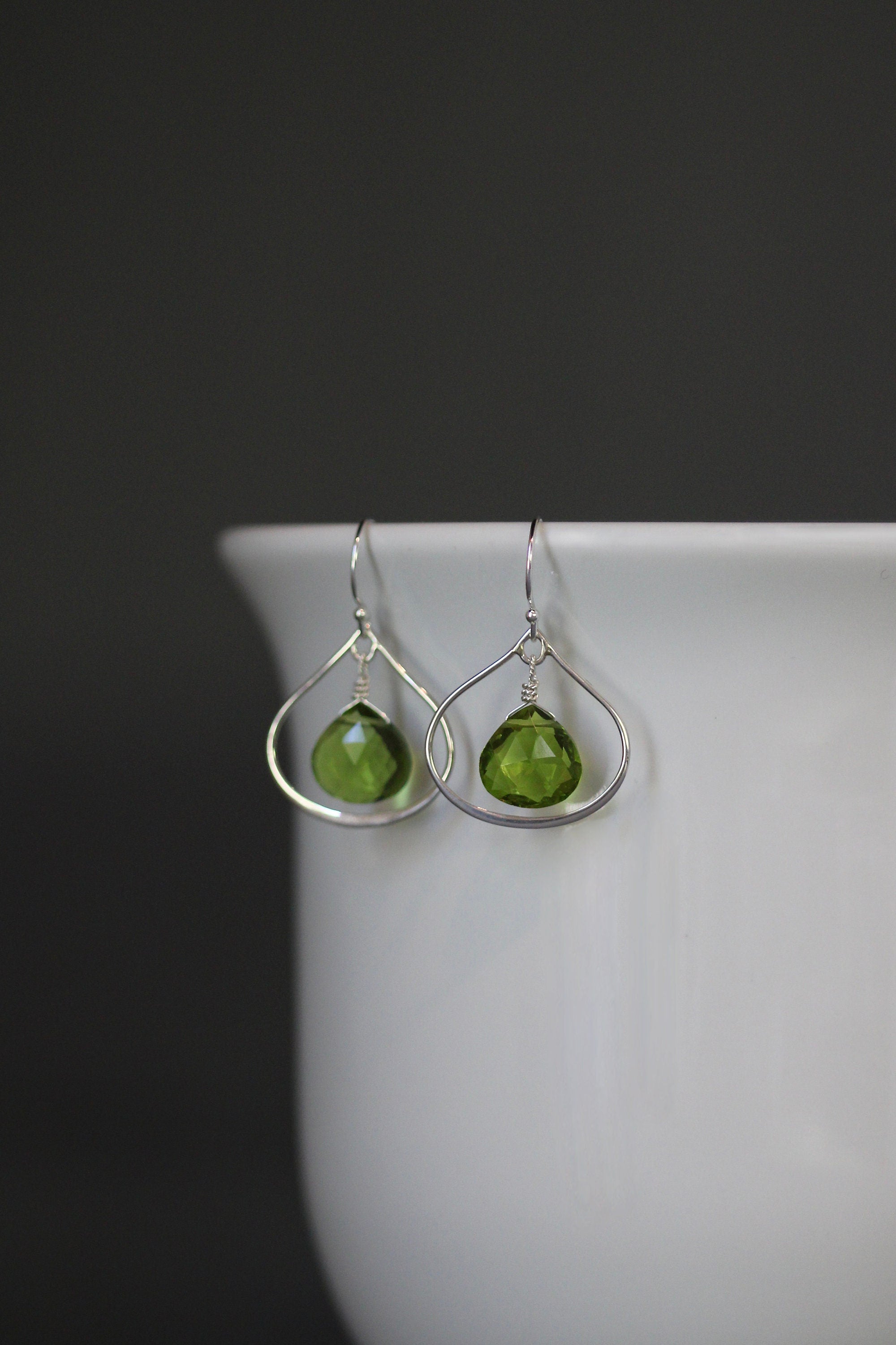 Peridot Quartz Teardrop Earrings on Sterling Silver Frame Links