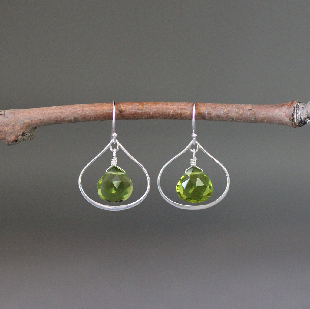 Peridot Quartz Teardrop Earrings on Sterling Silver Frame Links