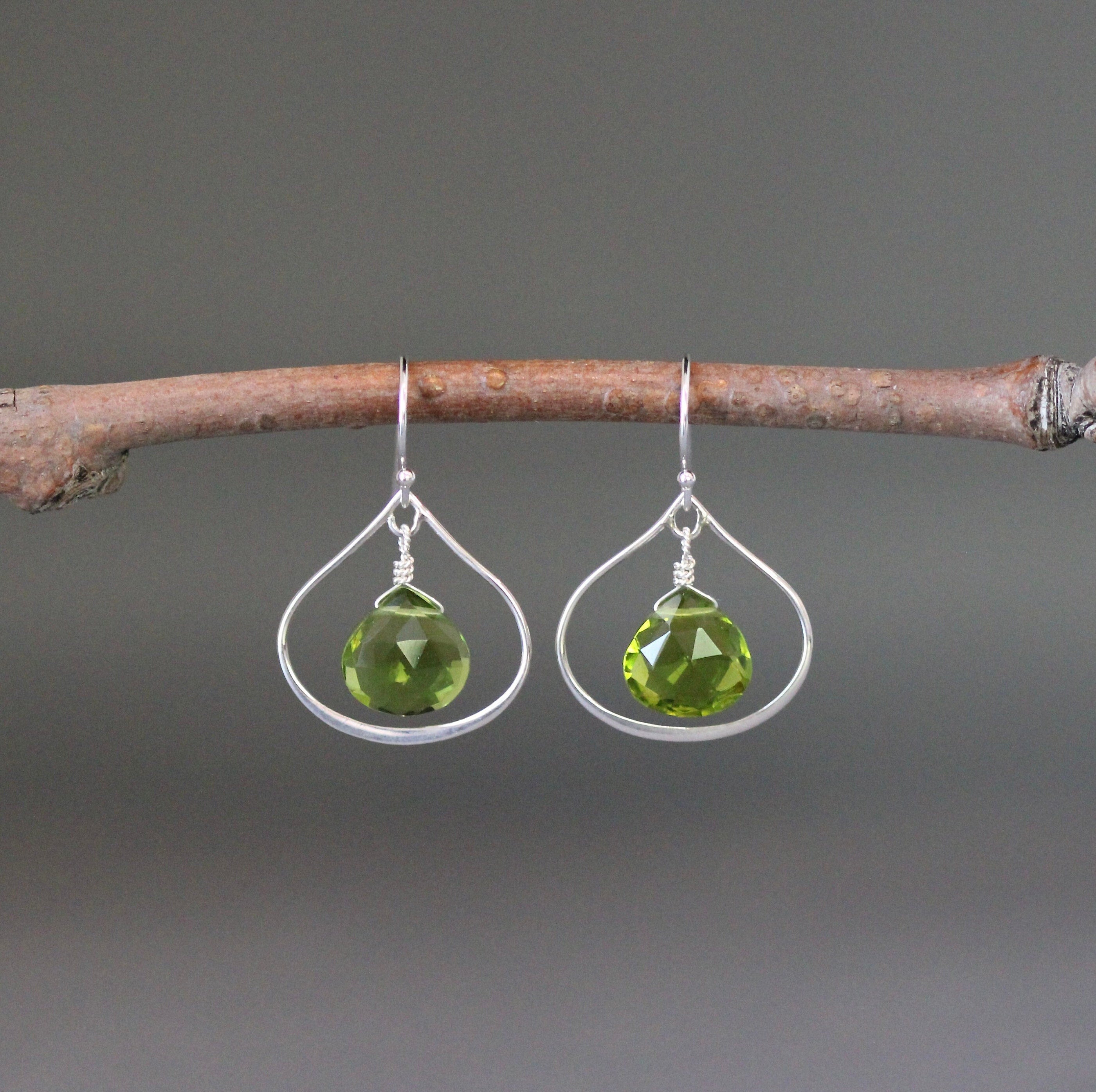 Peridot Quartz Teardrop Earrings on Sterling Silver Frame Links