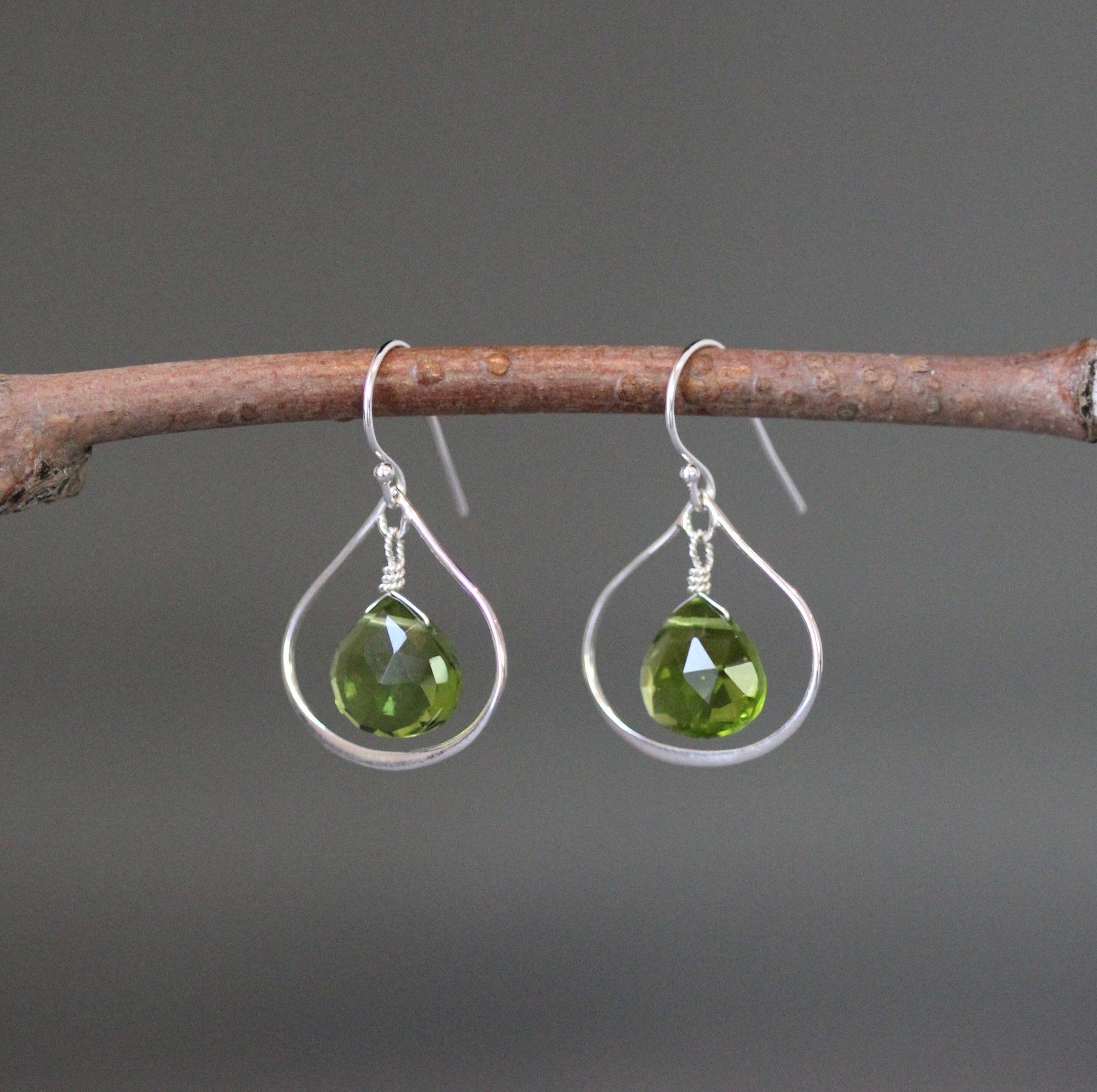 Peridot Quartz Teardrop Earrings on Sterling Silver Frame Links