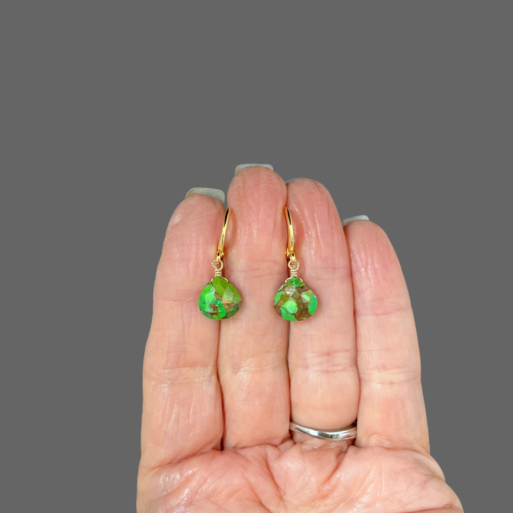 Green Copper Turquoise Teardrop Earrings with Gold Vermeil Huggie Hoops