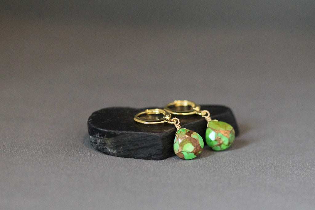 Green Copper Turquoise Teardrop Earrings with Gold Vermeil Huggie Hoops